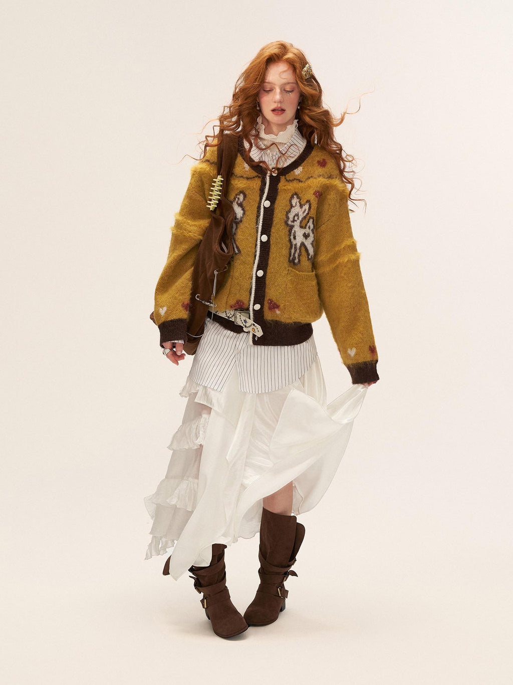 mamc Cute Butterfly Deer Animal Loose Women's Polyester Wool Cardigans