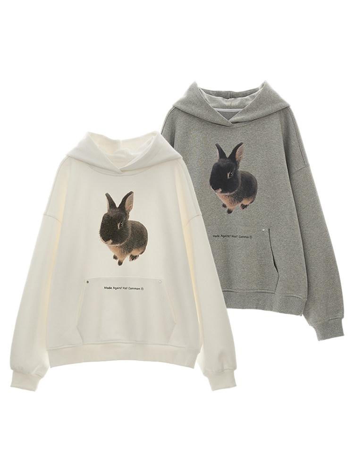mamc Cute Rabbit Cartoon Print Loose Fit Hooded Women's 100 Percent Cotton Hoodies