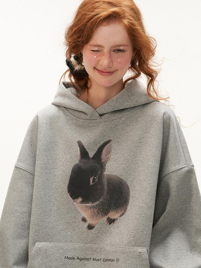 mamc Cute Rabbit Cartoon Print Loose Fit Hooded Women's 100 Percent Cotton Hoodies