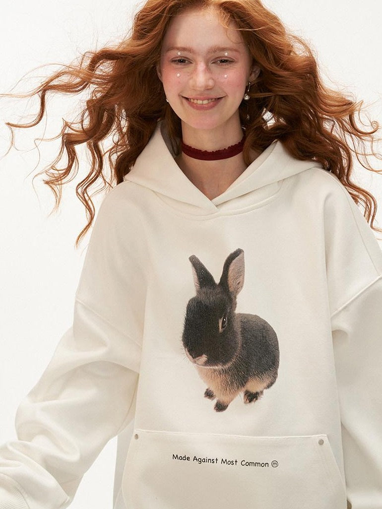 mamc Cute Rabbit Cartoon Print Loose Fit Hooded Women's 100 Percent Cotton Hoodies