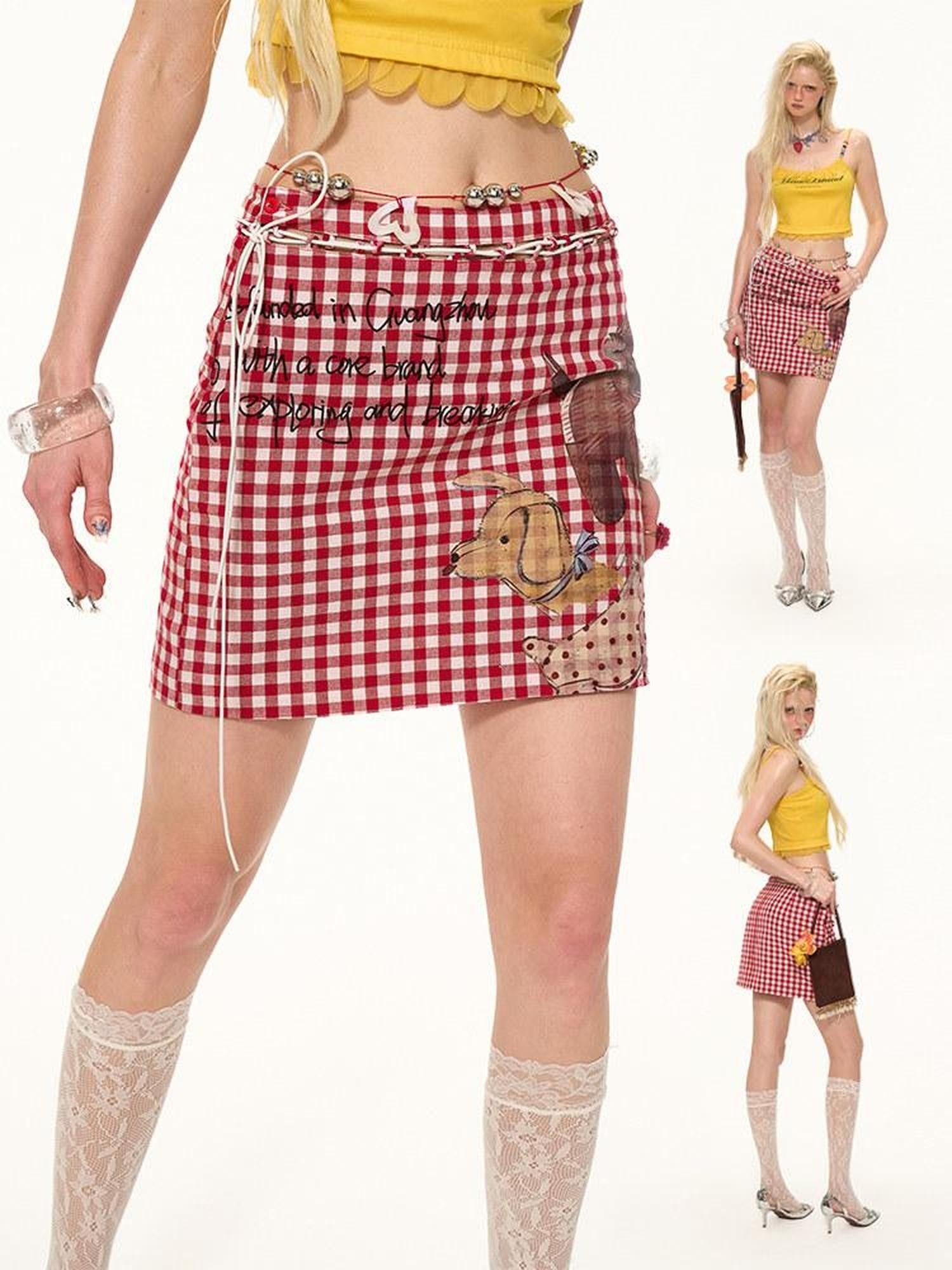 mamc Doll Plaid Slimming Mid Waist A Line Women's Cotton Mini Skirts