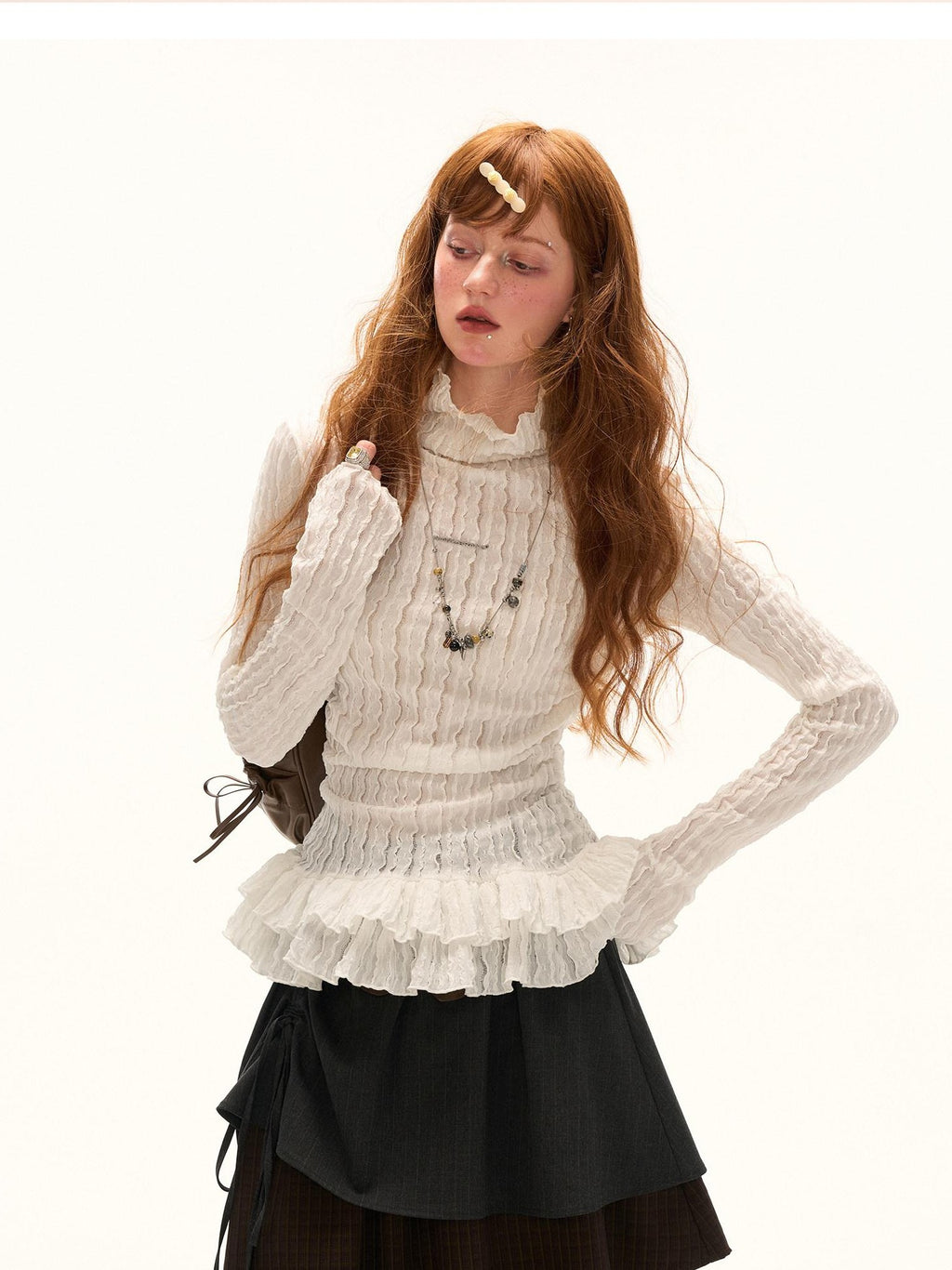 mamc Double Layer Lace High Neck Slim Fit Women's Polyester Long Sleeve T-shirts