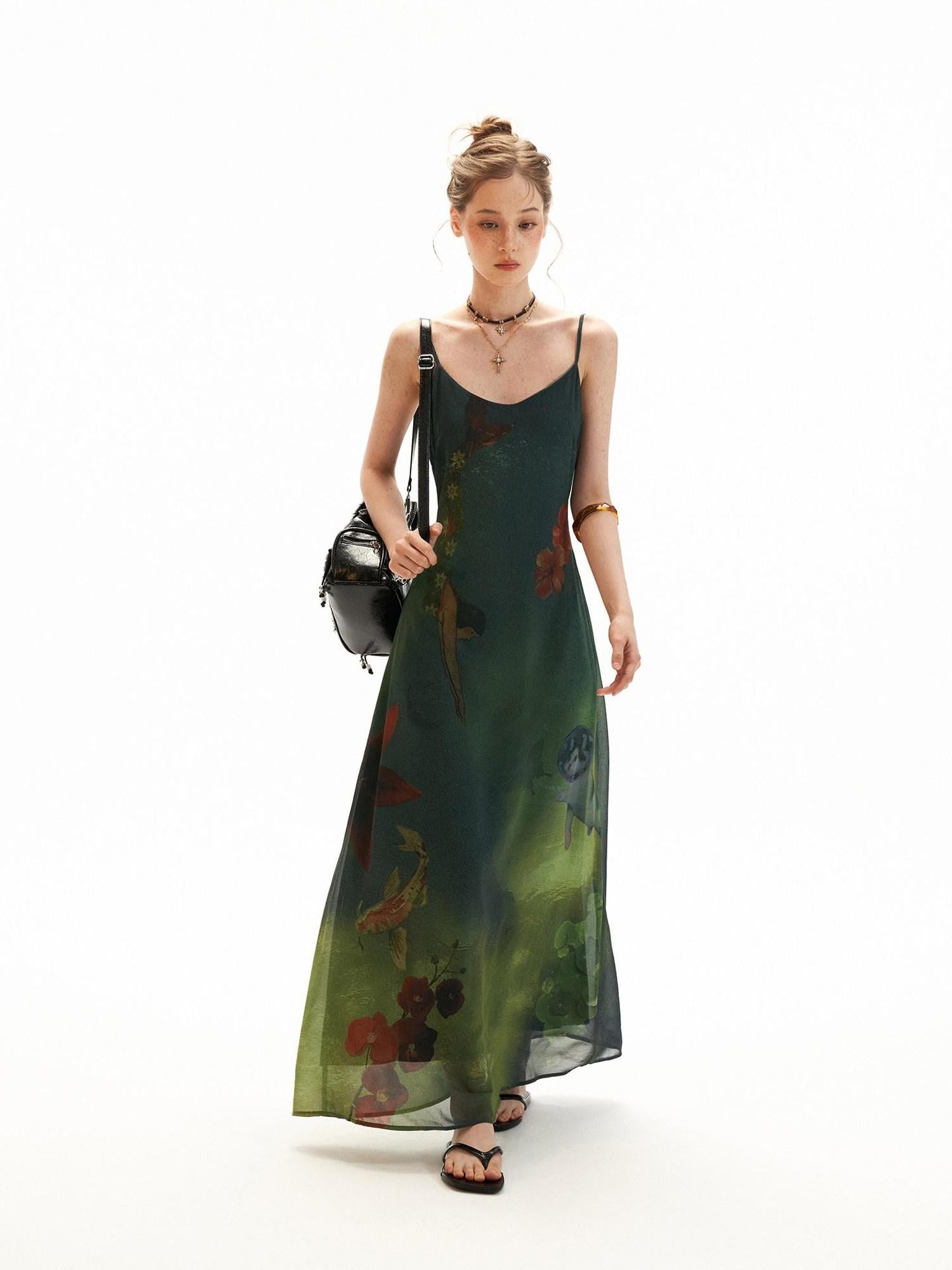 mamc Dreamy Underwater Vintage Floral Strappy Women's Polyester Slip Maxi Dresses