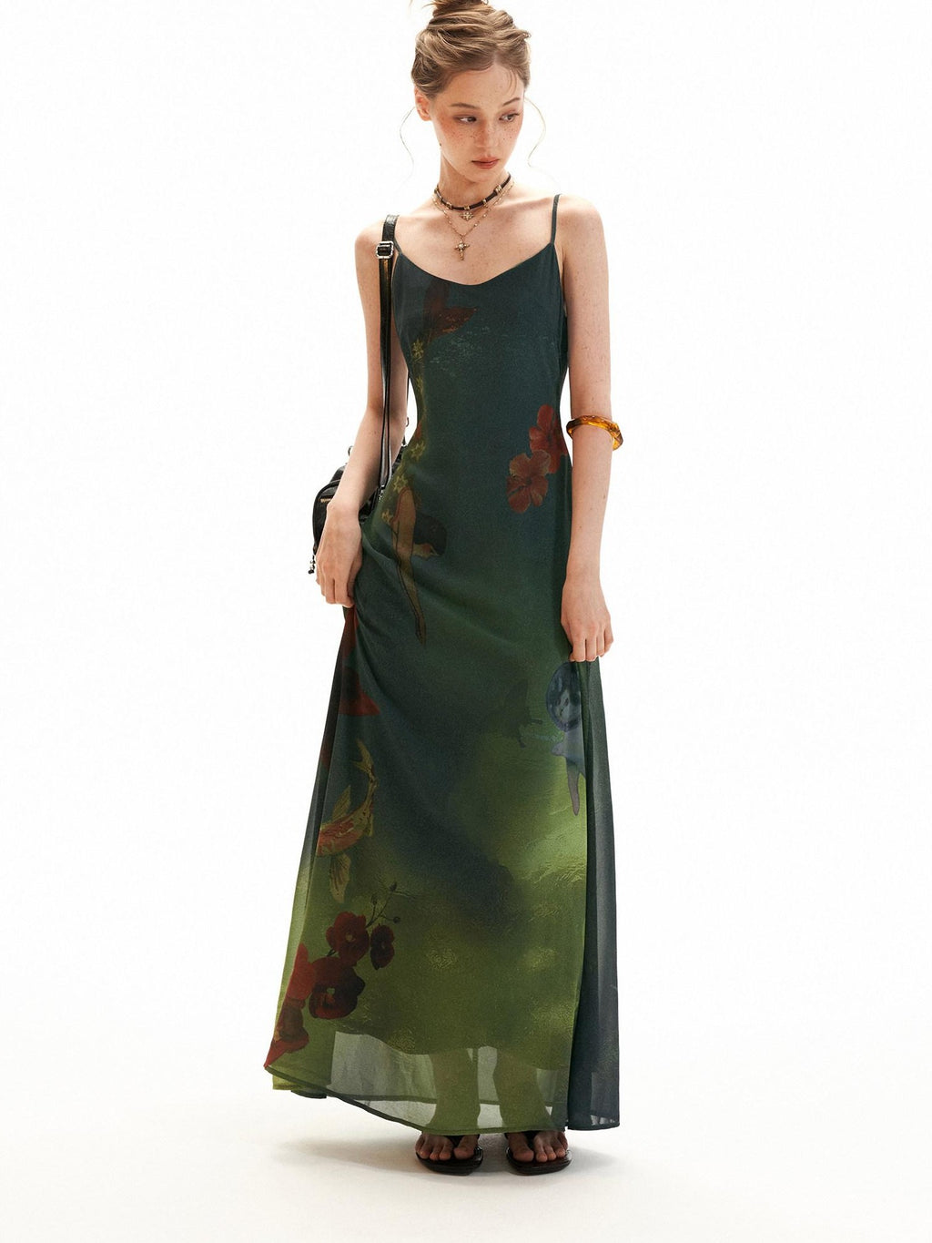mamc Dreamy Underwater Vintage Floral Strappy Women's Polyester Slip Maxi Dresses