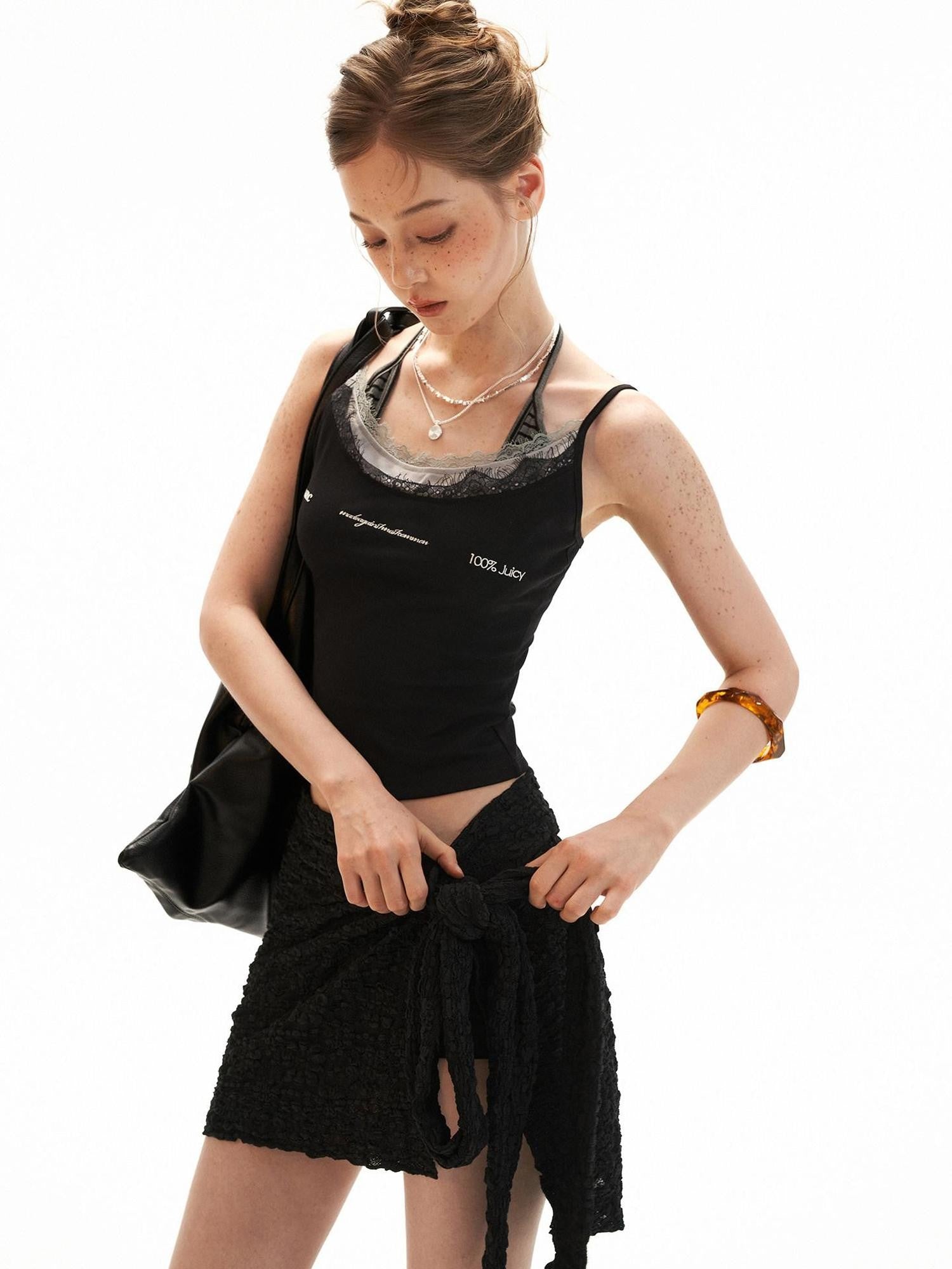 mamc Embroidered Lettering Faux Layered Women's Cotton Blend Camisoles