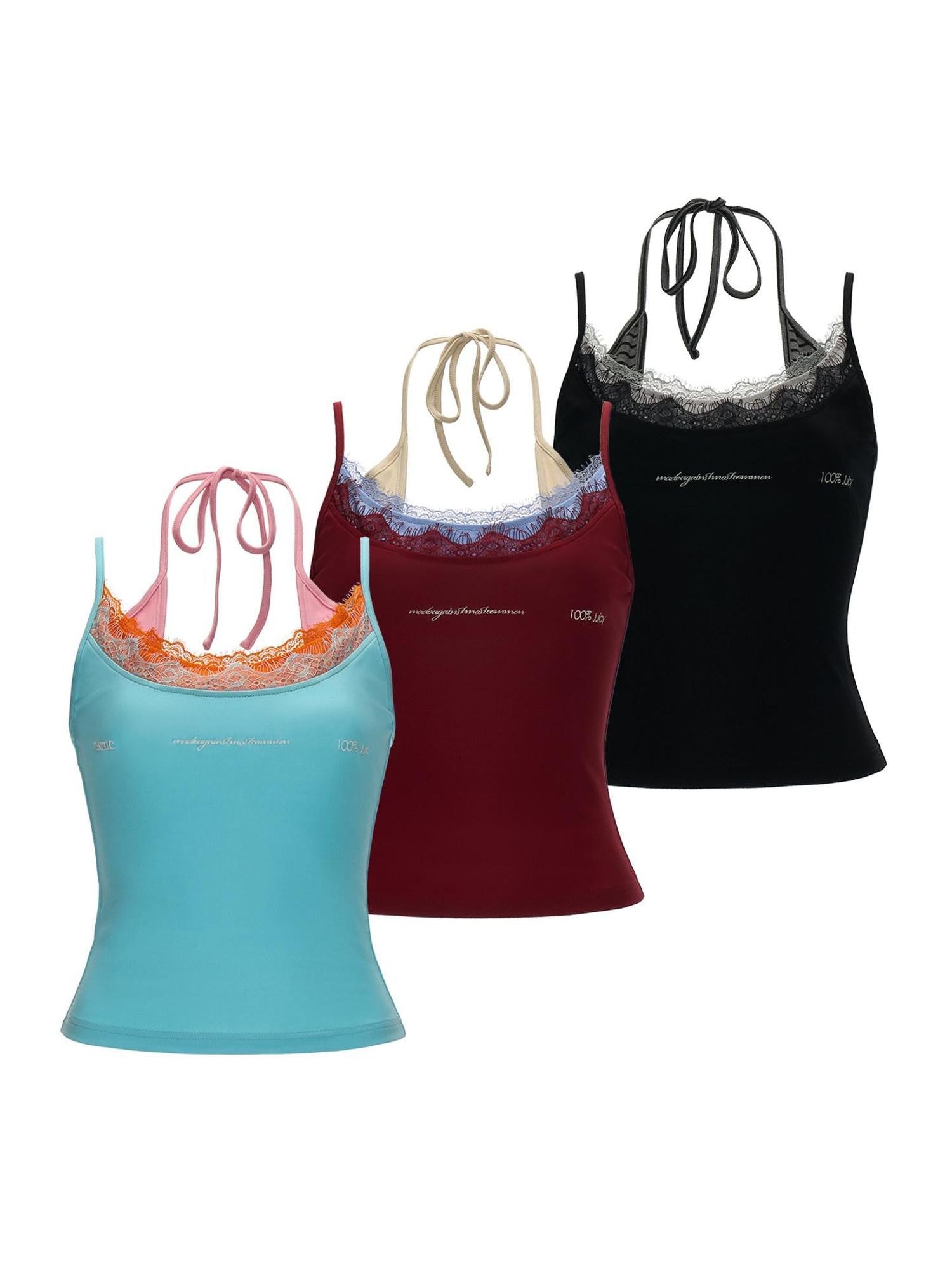 mamc Embroidered Lettering Faux Layered Women's Cotton Blend Camisoles