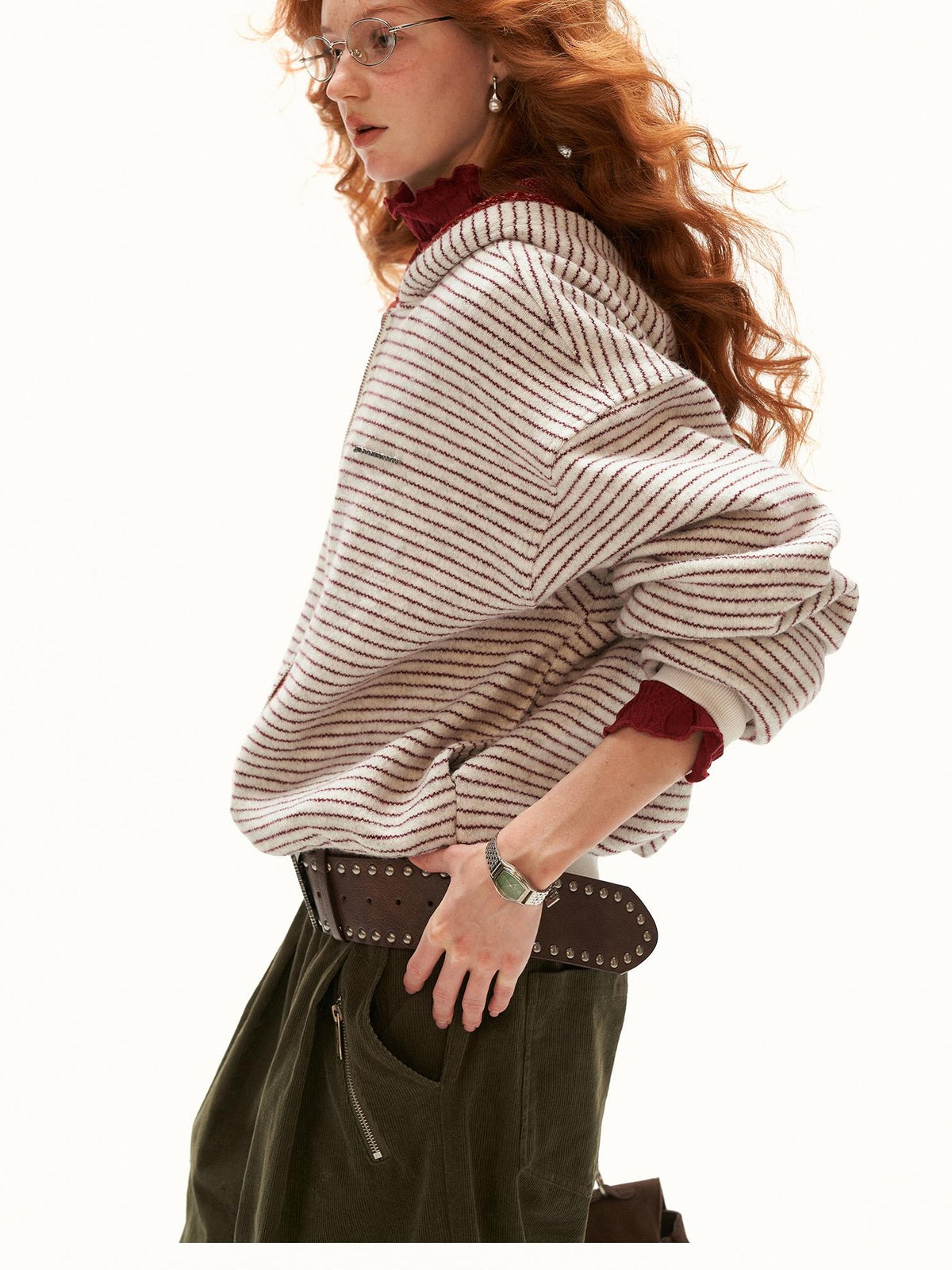 mamc Fake Two Piece Striped Loose Fit Retro Women's Zip-up Hoodies