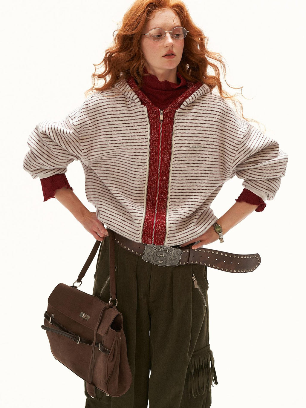 mamc Fake Two Piece Striped Loose Fit Retro Women's Zip-up Hoodies