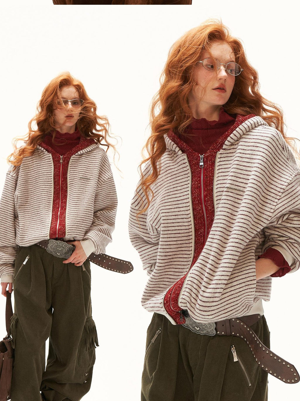 mamc Fake Two Piece Striped Loose Fit Retro Women's Zip-up Hoodies