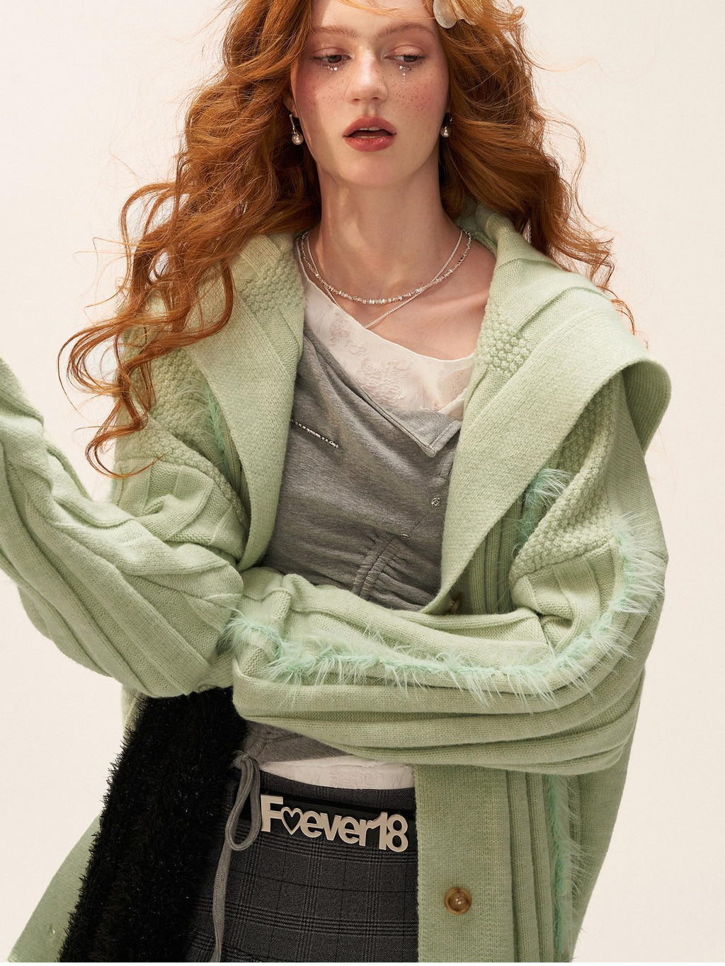 mamc Faux Fur Ribbed Lapel Pocket Mid Length Loose Women's Acrylic Blend Cardigans