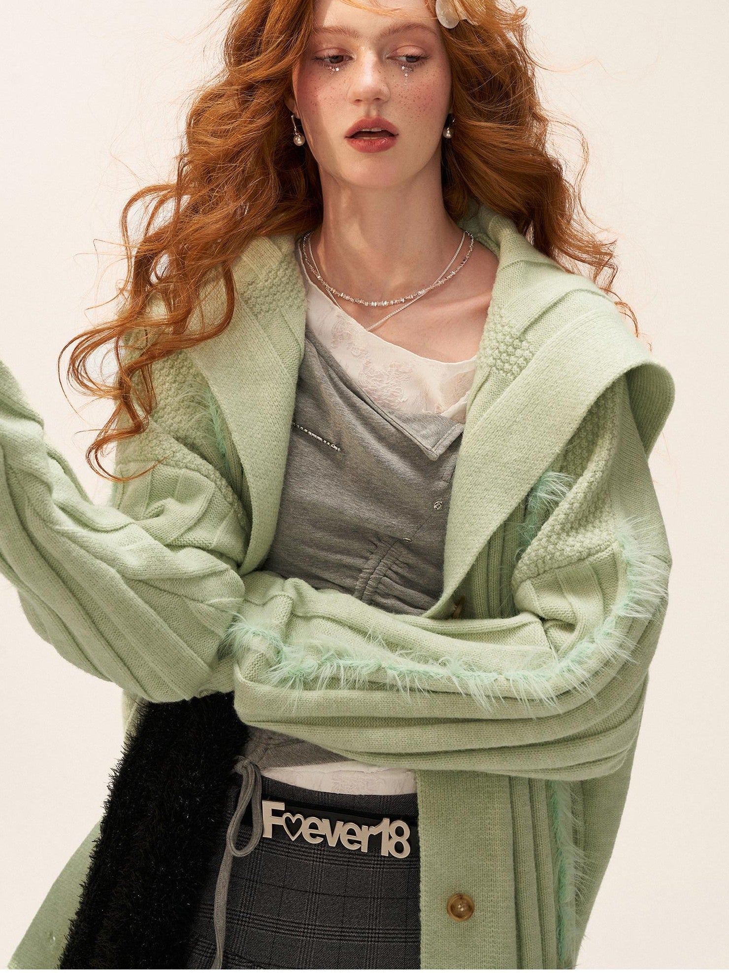 mamc Faux Fur Ribbed Lapel Pocket Mid Length Loose Women's Acrylic Blend Cardigans