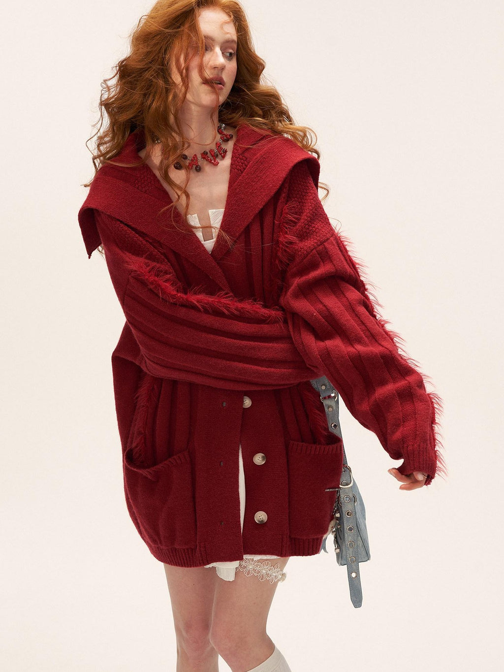 mamc Faux Fur Ribbed Lapel Pocket Mid Length Loose Women's Acrylic Blend Cardigans