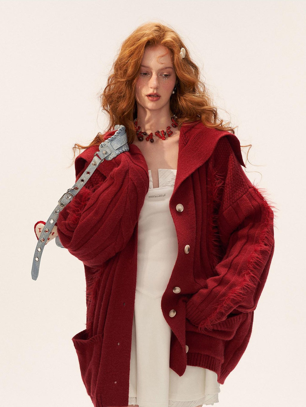 mamc Faux Fur Ribbed Lapel Pocket Mid Length Loose Women's Acrylic Blend Cardigans