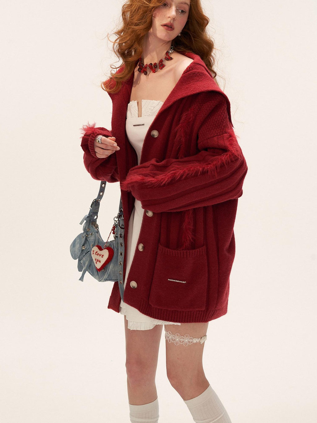 mamc Faux Fur Ribbed Lapel Pocket Mid Length Loose Women's Acrylic Blend Cardigans