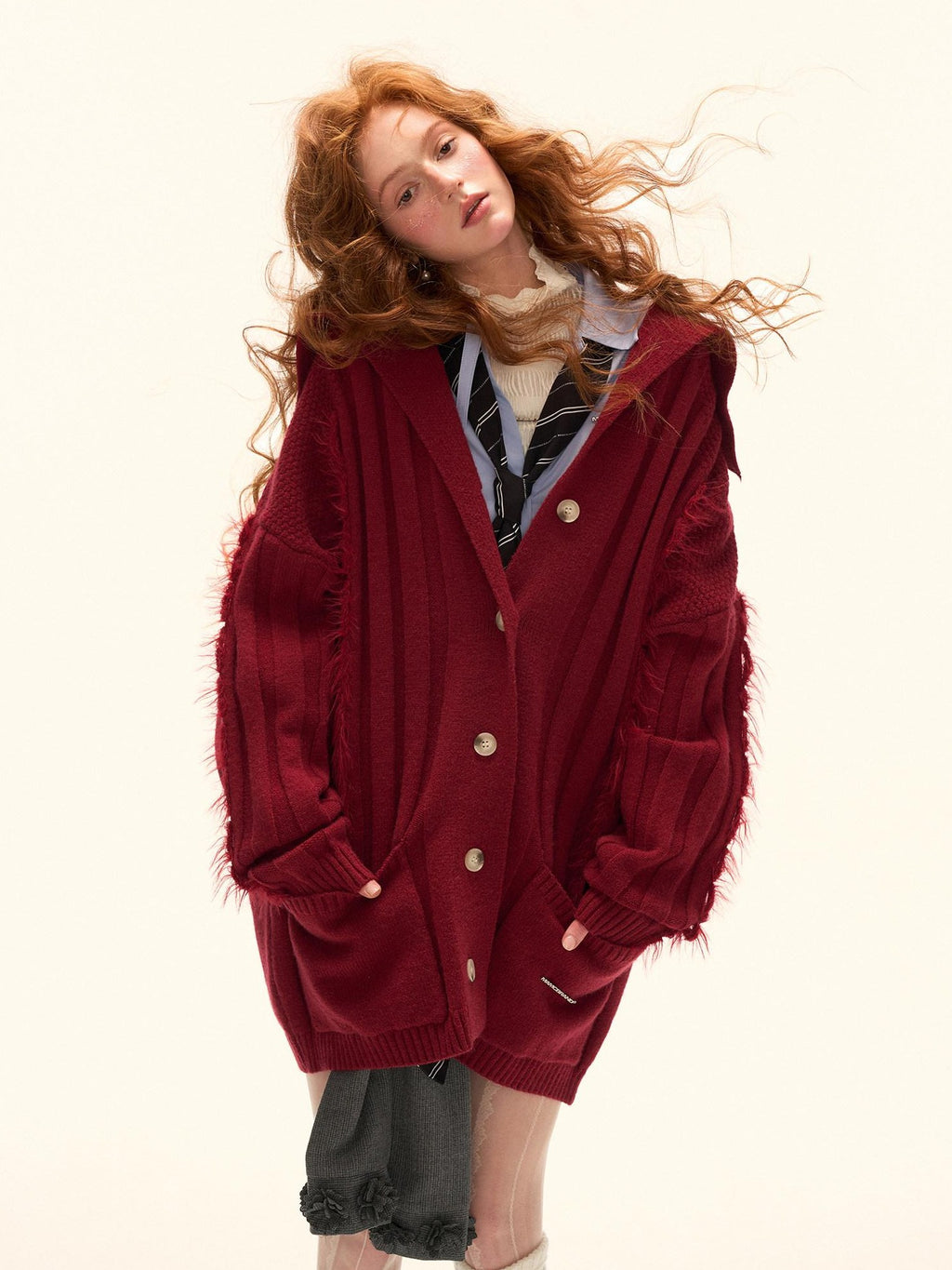 mamc Faux Fur Ribbed Lapel Pocket Mid Length Loose Women's Acrylic Blend Cardigans