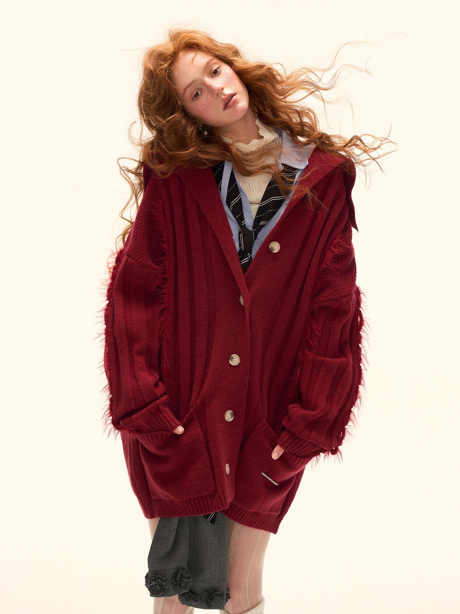 mamc Faux Fur Ribbed Lapel Pocket Mid Length Loose Women's Acrylic Blend Cardigans