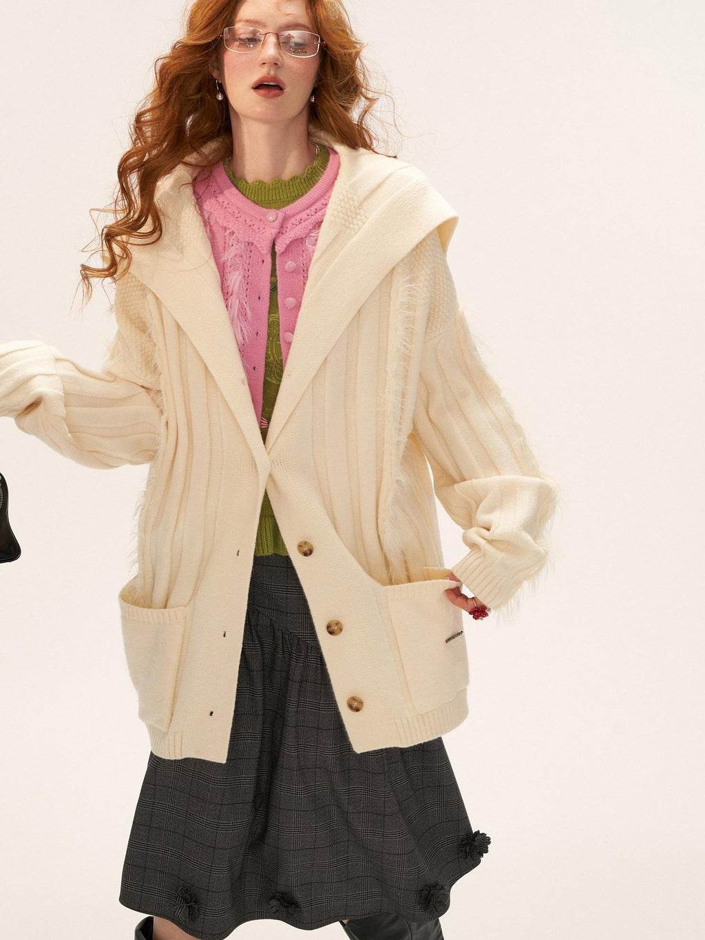 mamc Faux Fur Ribbed Lapel Pocket Mid Length Loose Women's Acrylic Blend Cardigans