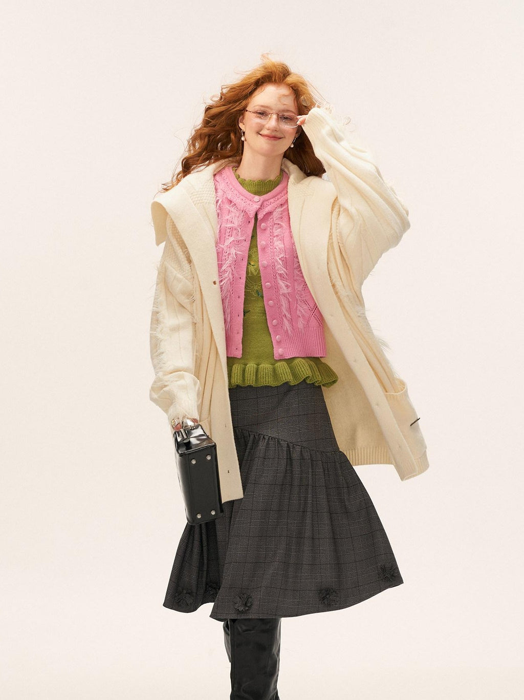 mamc Faux Fur Ribbed Lapel Pocket Mid Length Loose Women's Acrylic Blend Cardigans