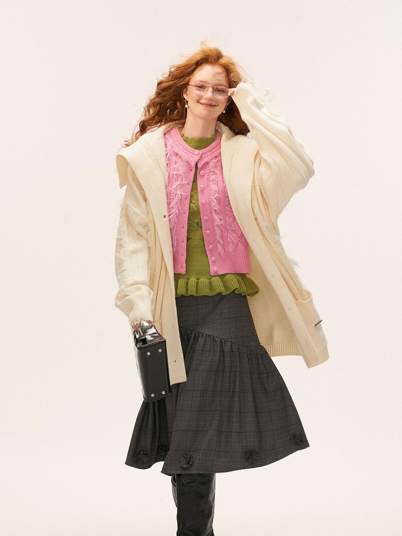 mamc Faux Fur Ribbed Lapel Pocket Mid Length Loose Women's Acrylic Blend Cardigans