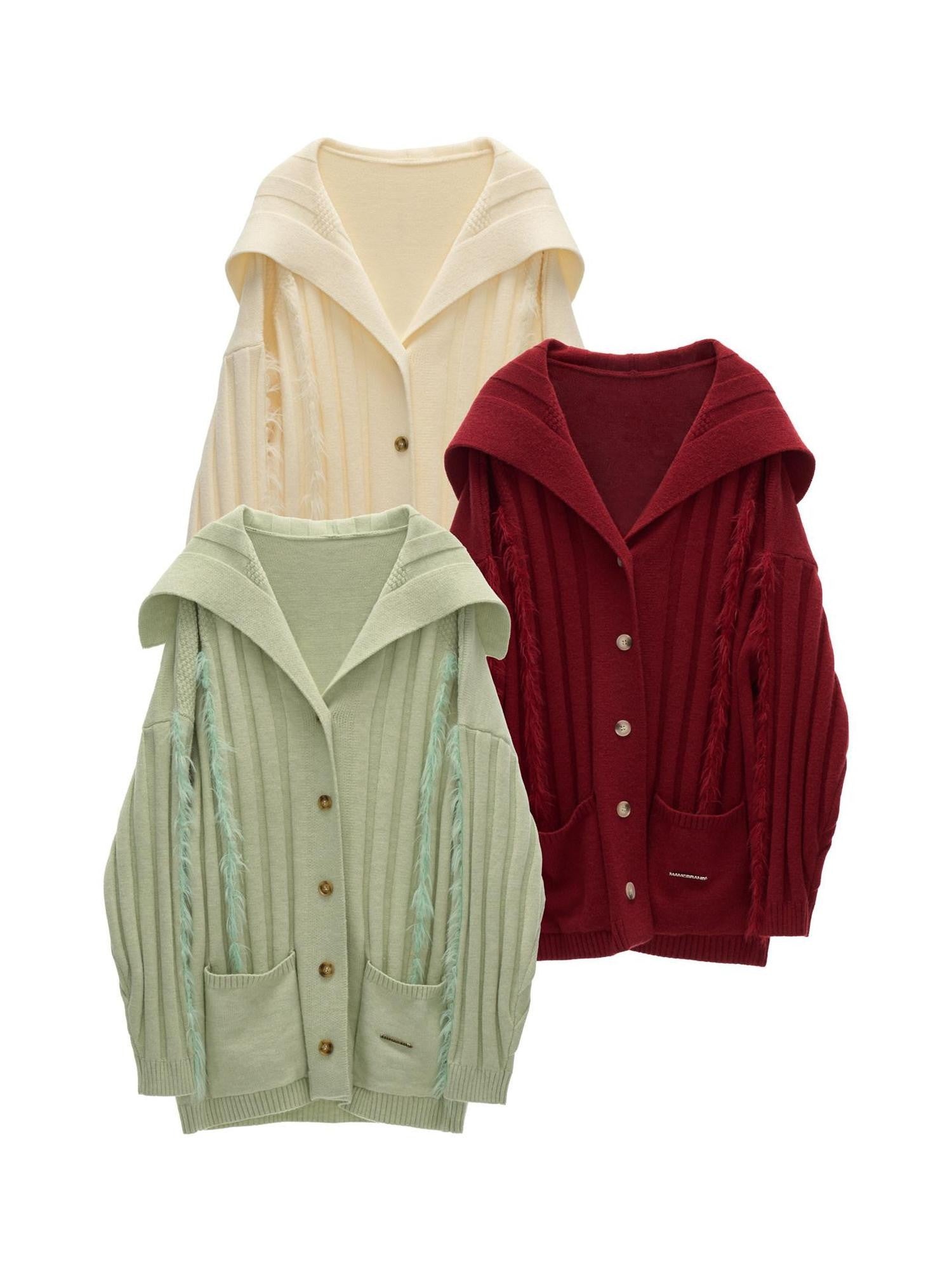 mamc Faux Fur Ribbed Lapel Pocket Mid Length Loose Women's Acrylic Blend Cardigans