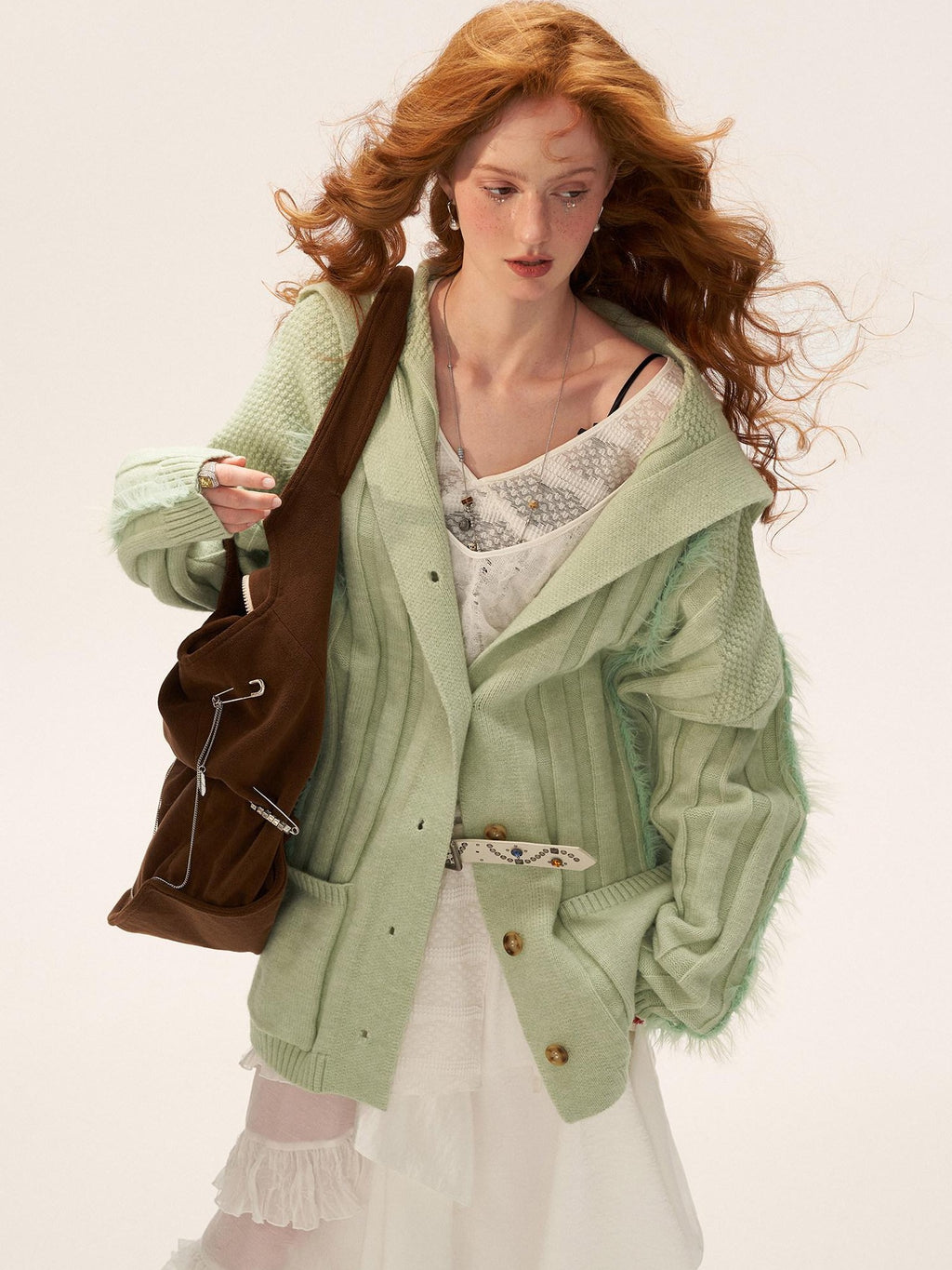 mamc Faux Fur Ribbed Lapel Pocket Mid Length Loose Women's Acrylic Blend Cardigans