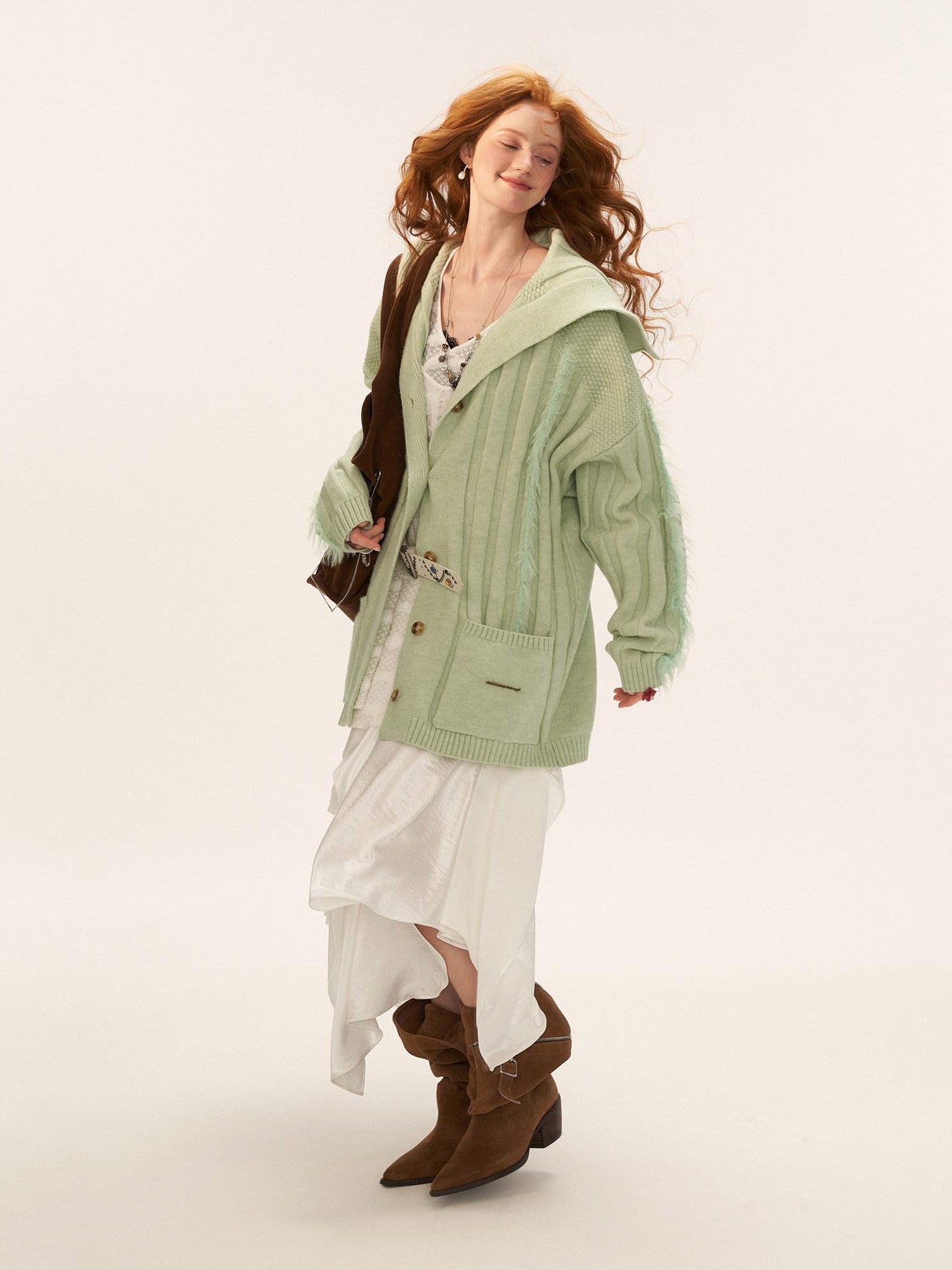 mamc Faux Fur Ribbed Lapel Pocket Mid Length Loose Women's Acrylic Blend Cardigans