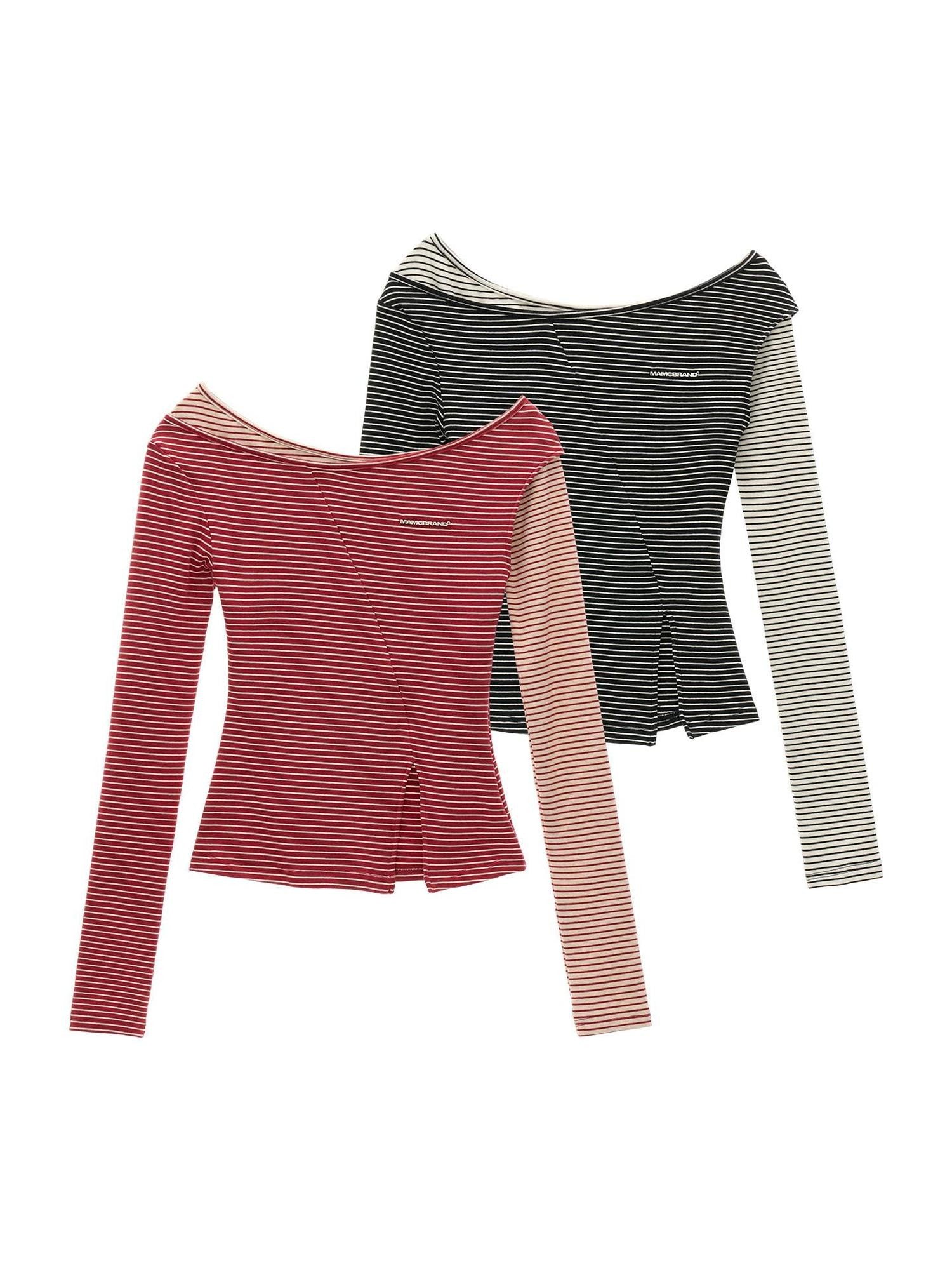 mamc Faux Layered Striped Slim Women's Cotton Blend Long Sleeve T-shirts