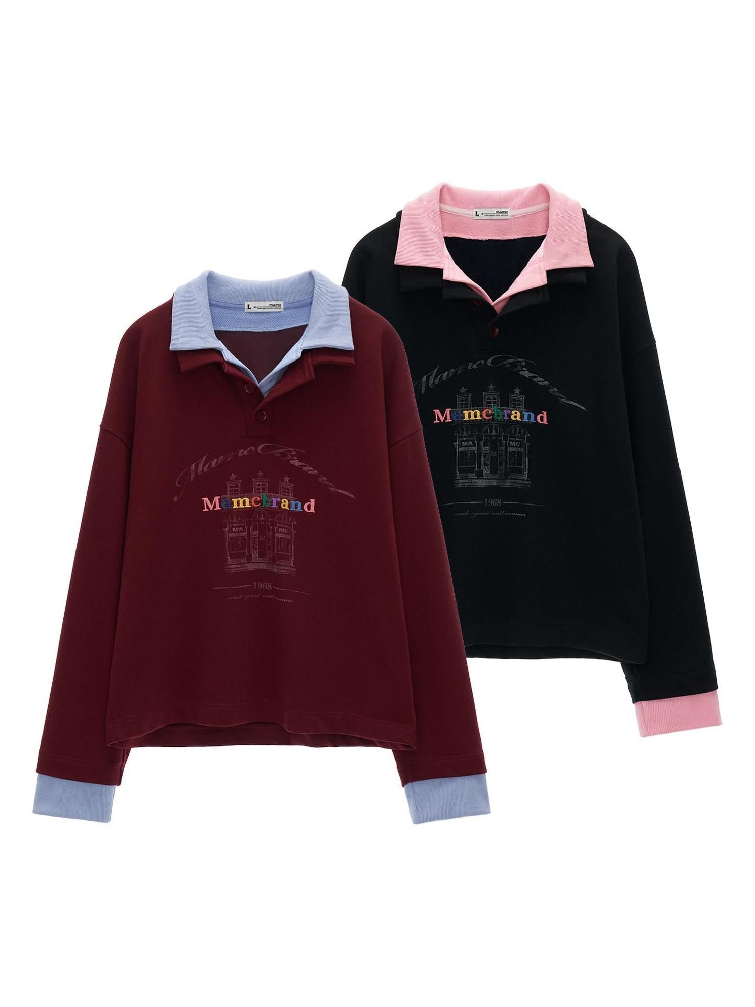 mamc Faux Two Piece Button Polo Women's Cotton Blend Quarter-zip Sweatshirts