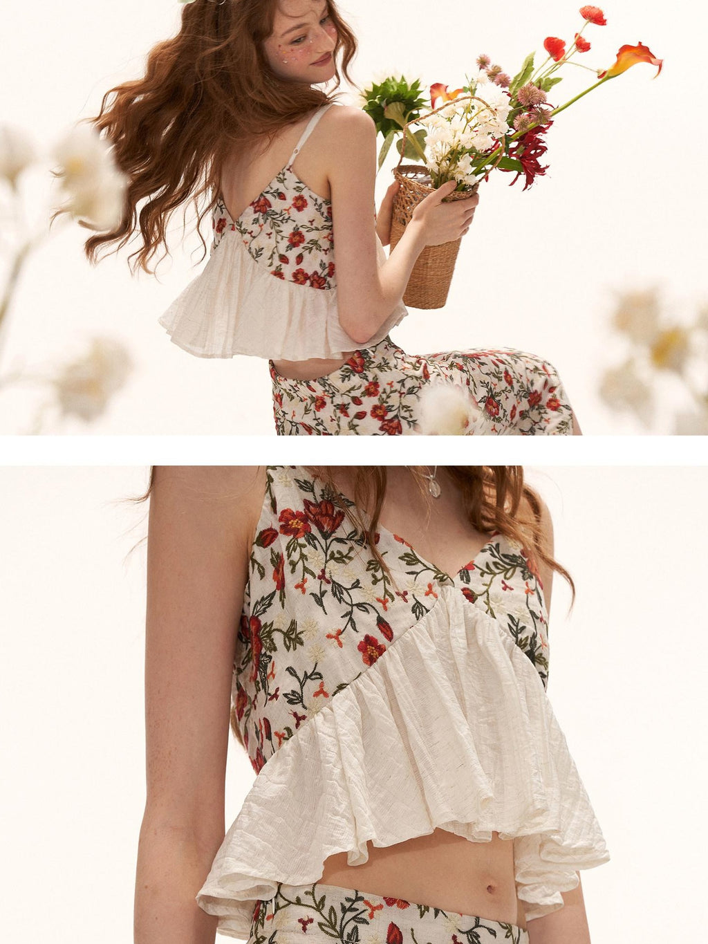 mamc Floral Embroidered Ruffle V-neck Loose Women's Polyester Blend Tank Tops