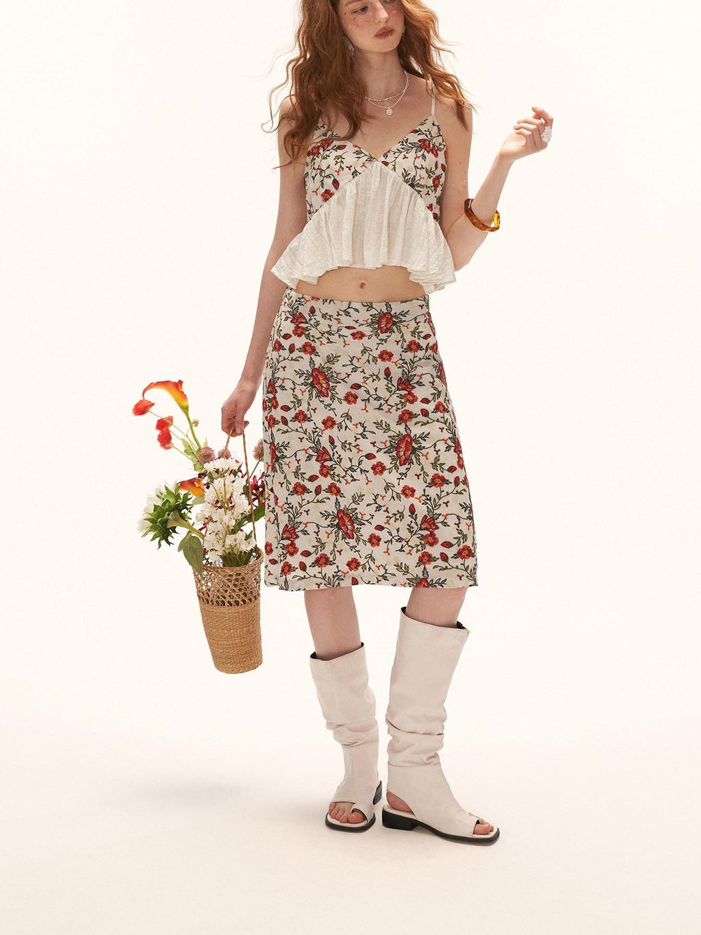 mamc Floral Embroidered Ruffle V-neck Loose Women's Polyester Blend Tank Tops