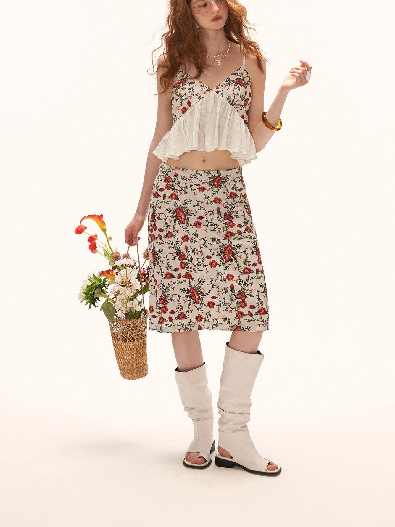 mamc Floral Embroidered Ruffle V-neck Loose Women's Polyester Blend Tank Tops