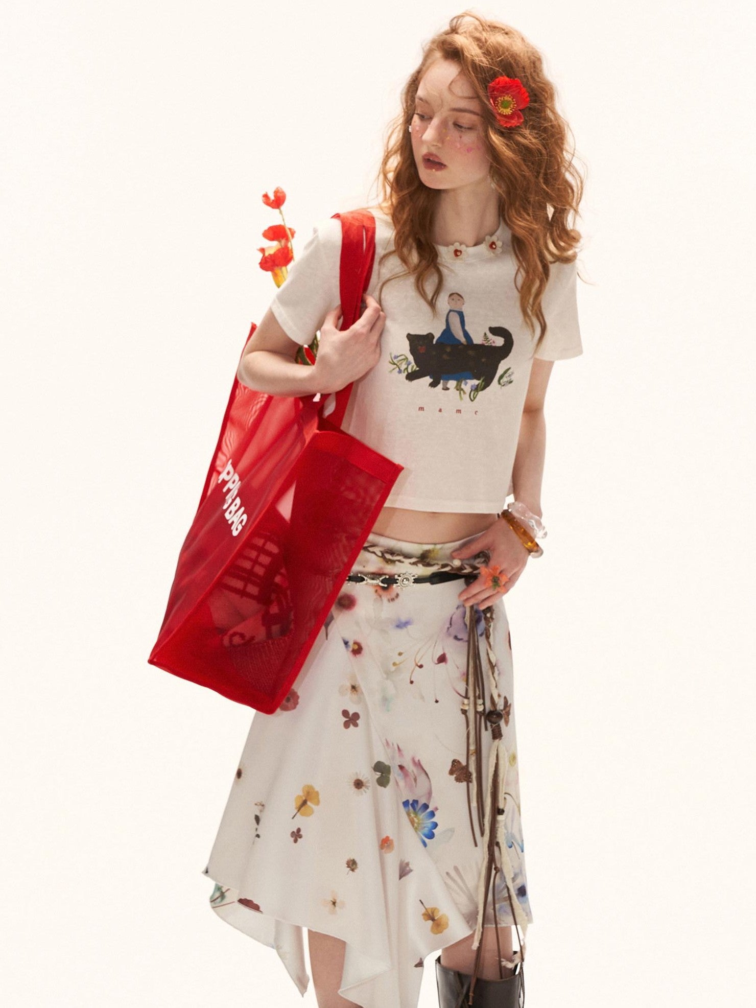 mamc Floral Patchwork Asymmetric Irregular Hem Women's Satin Polyester Midi Skirts