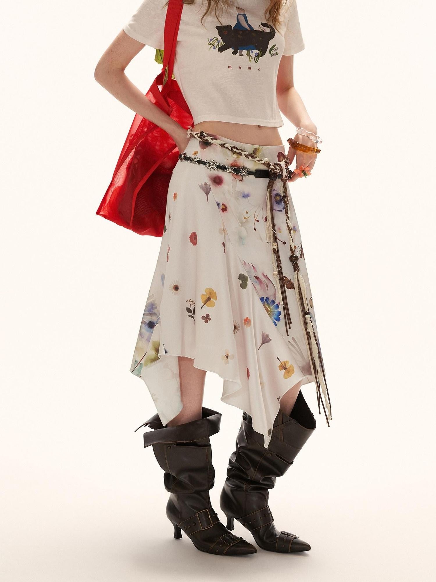 mamc Floral Patchwork Asymmetric Irregular Hem Women's Satin Polyester Midi Skirts