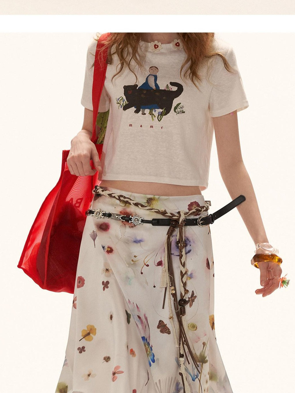 mamc Floral Patchwork Asymmetric Irregular Hem Women's Satin Polyester Midi Skirts