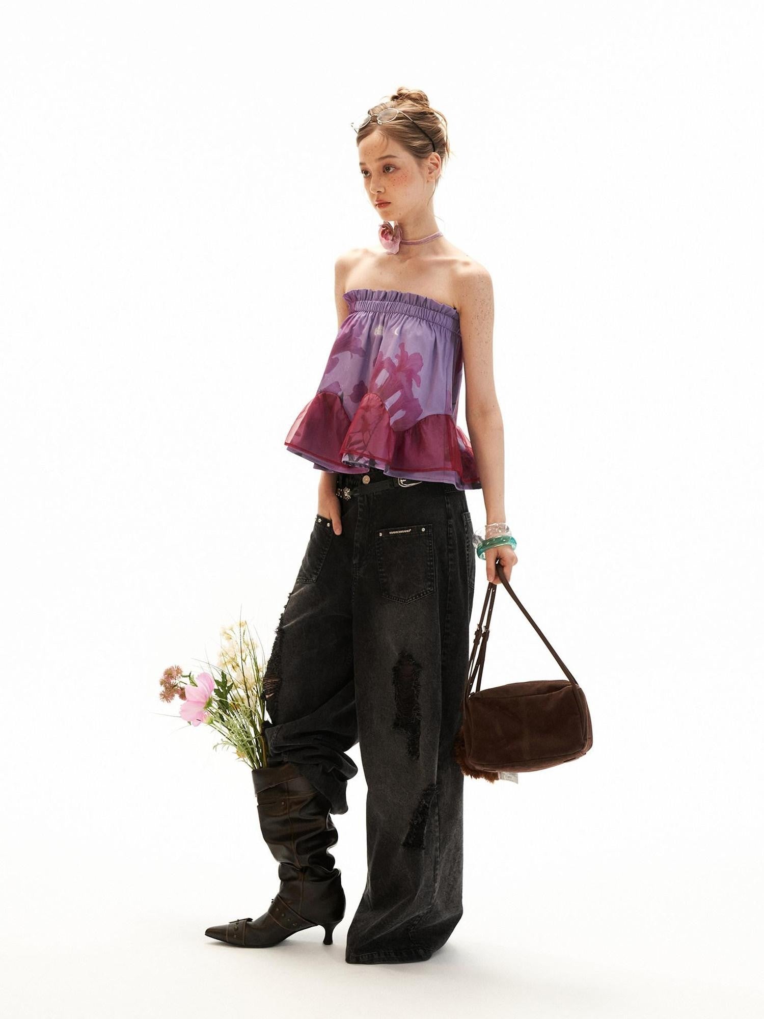 mamc Floral Patchwork Sheer Mesh Cropped Women's Polyester Tube Tops