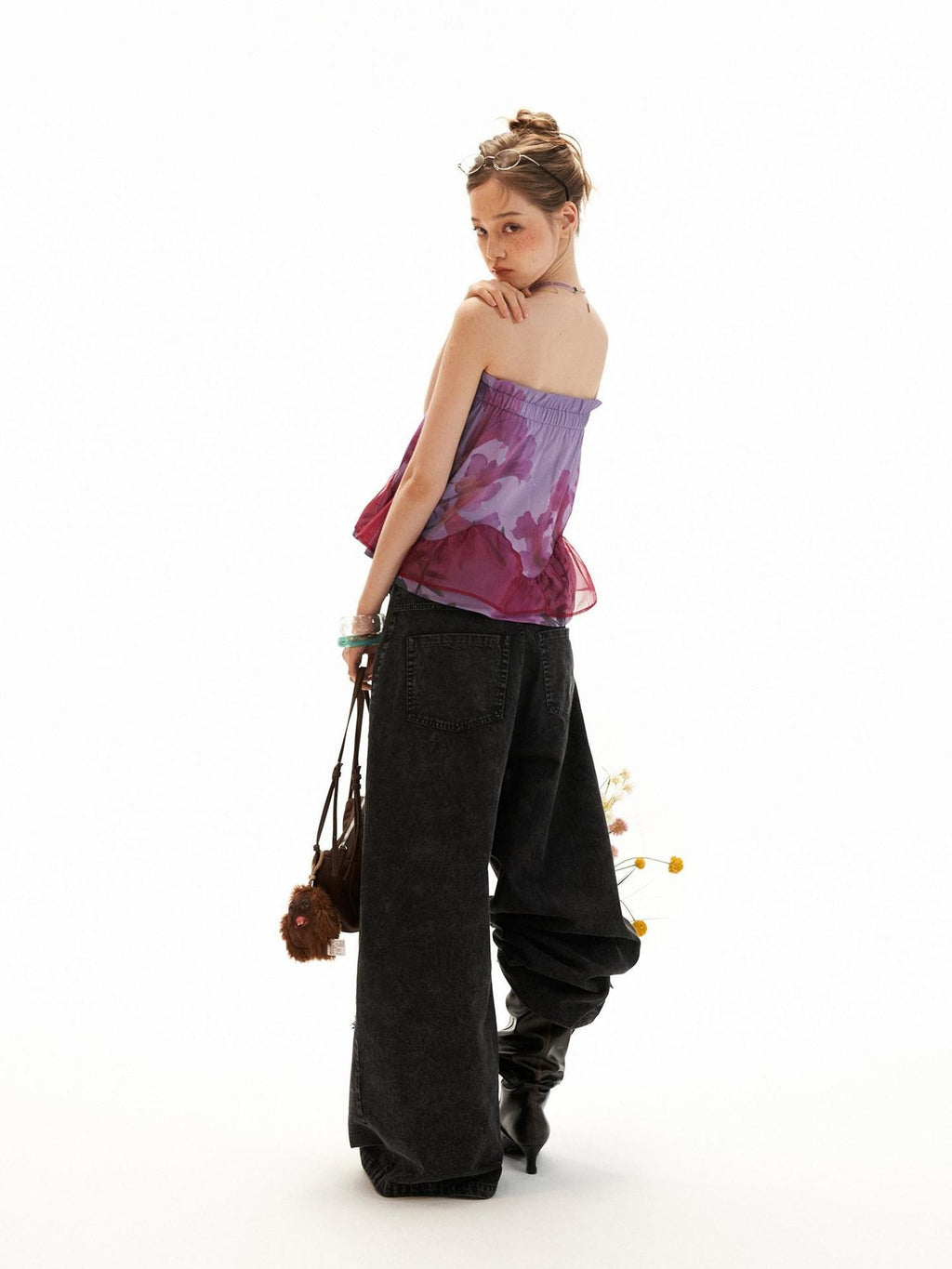 mamc Floral Patchwork Sheer Mesh Cropped Women's Polyester Tube Tops