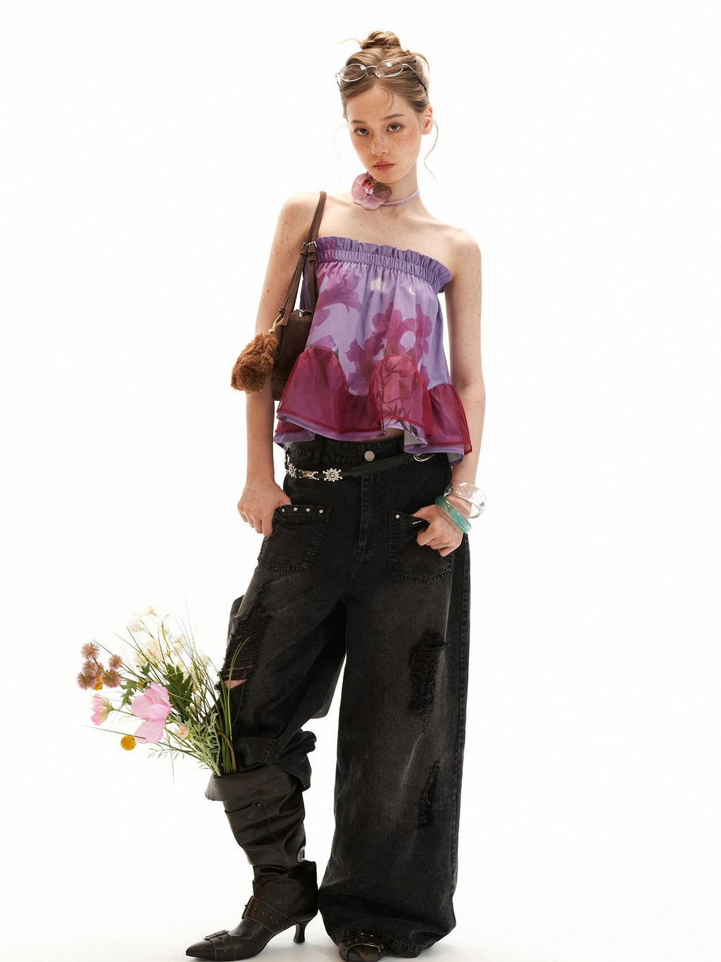mamc Floral Patchwork Sheer Mesh Cropped Women's Polyester Tube Tops