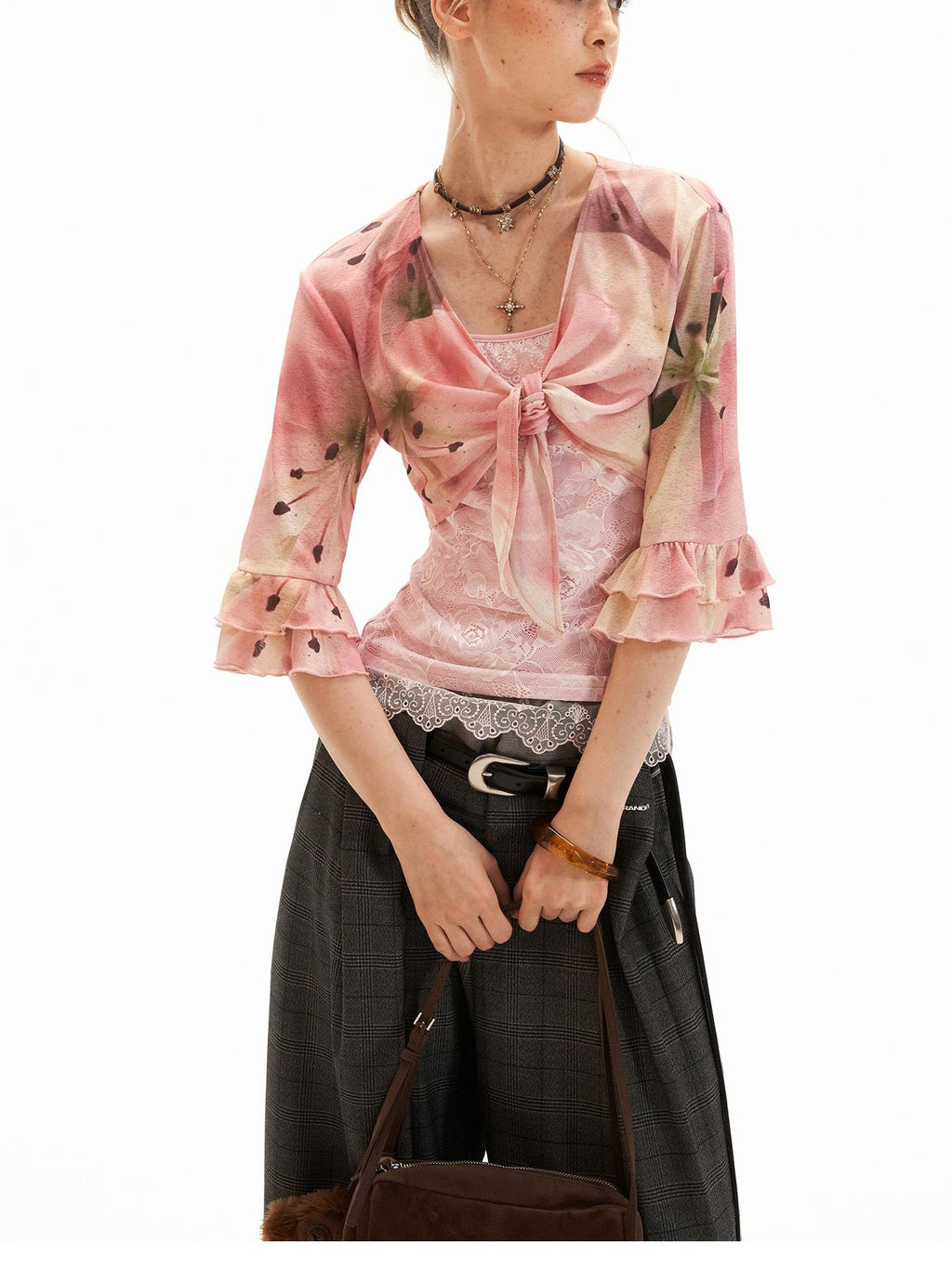 mamc Floral Print Lace Trim Flare Sleeve Two Piece Women's Cotton Long Sleeve T-shirts