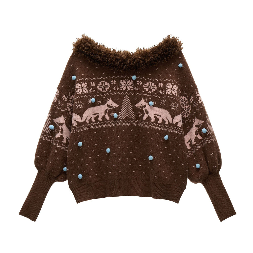 mamc_Fox_Fair_Isle_V-neck_Oversized_Animal_Knit_Women's_Off-shoulder_Sweaters_986866317841_MISSTT