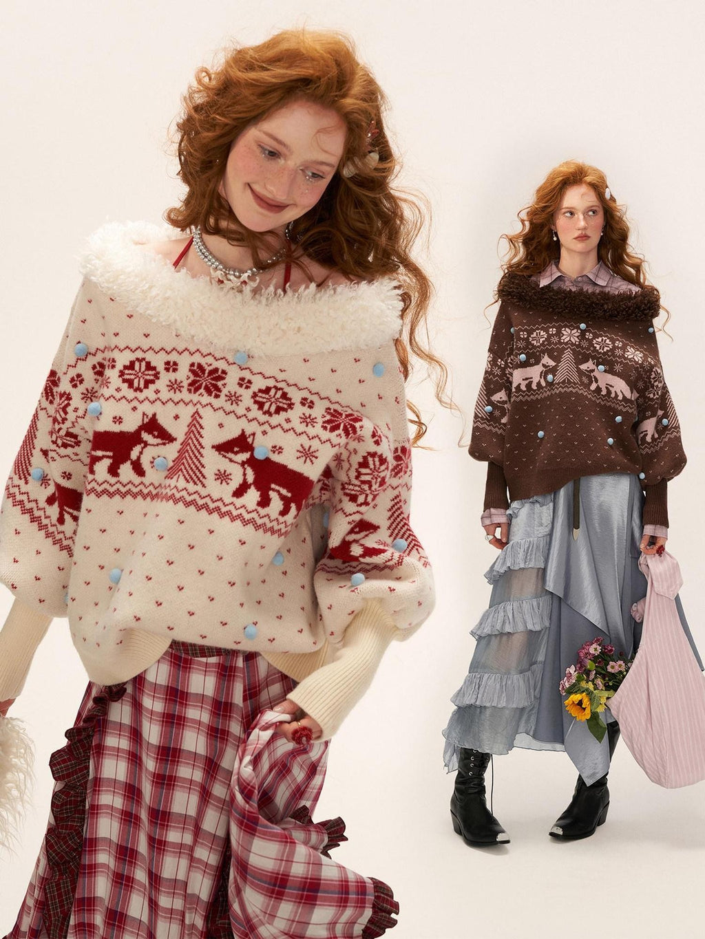 mamc Fox Fair Isle V-neck Oversized Animal Knit Women's Off-shoulder Sweaters