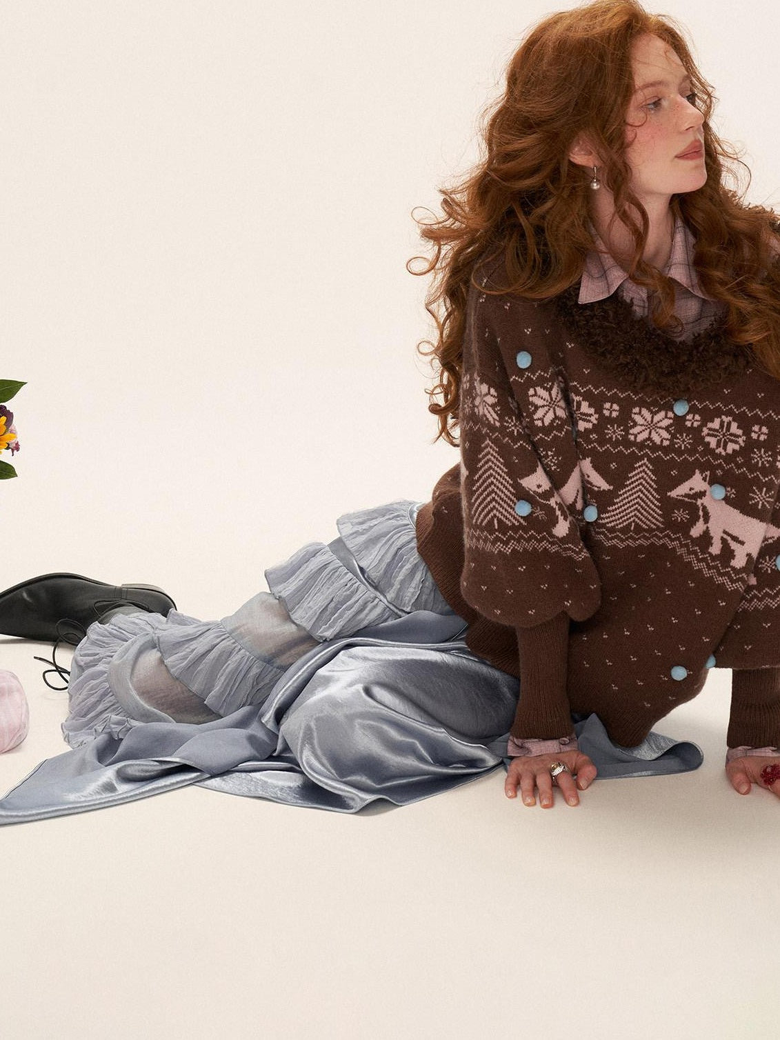 mamc Fox Fair Isle V-neck Oversized Animal Knit Women's Off-shoulder Sweaters