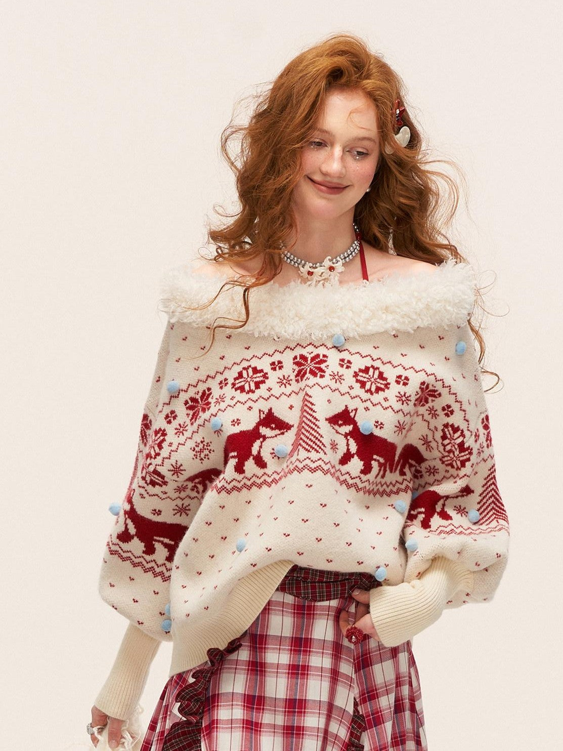 mamc Fox Fair Isle V-neck Oversized Animal Knit Women's Off-shoulder Sweaters