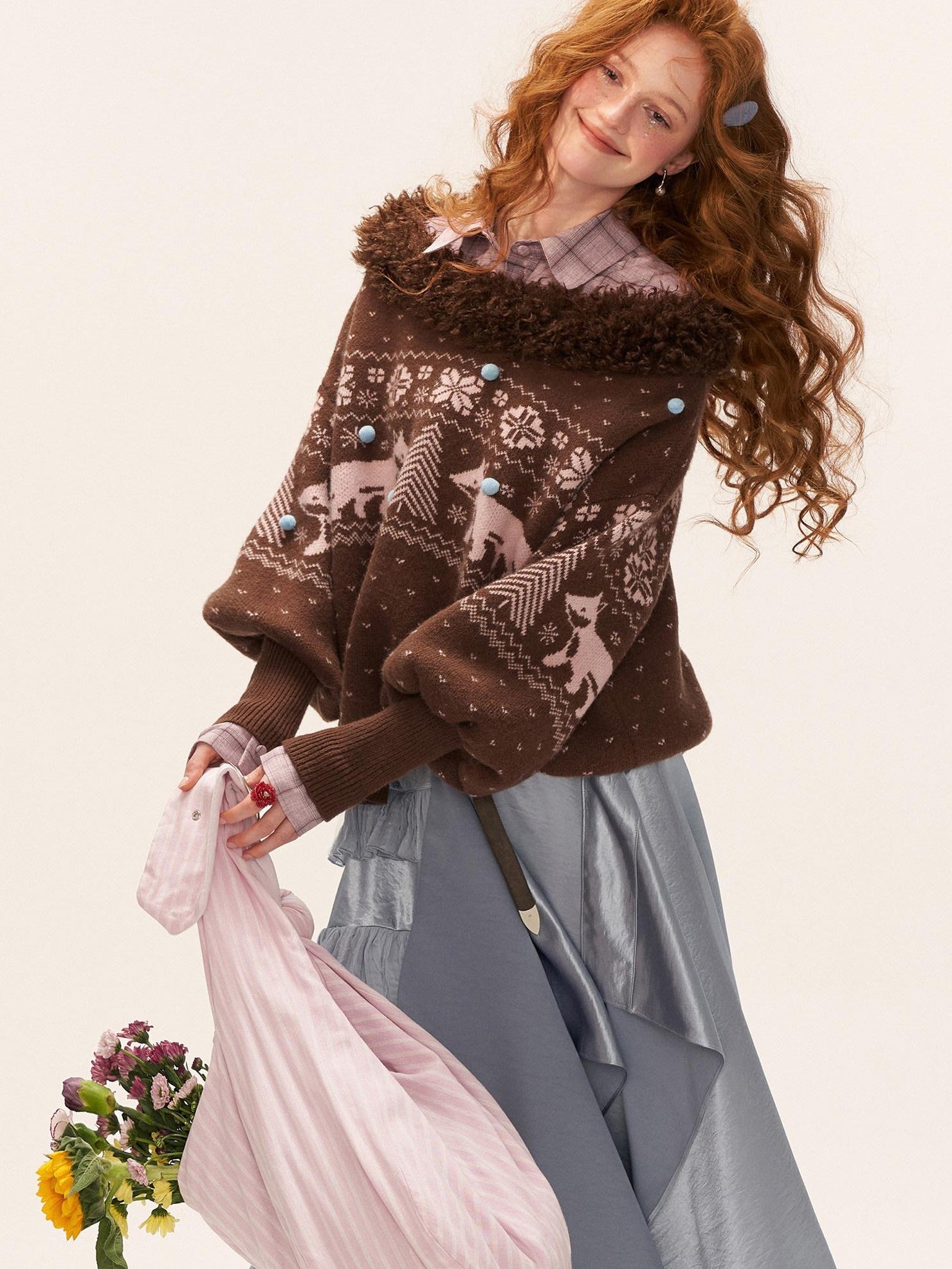 mamc Fox Fair Isle V-neck Oversized Animal Knit Women's Off-shoulder Sweaters