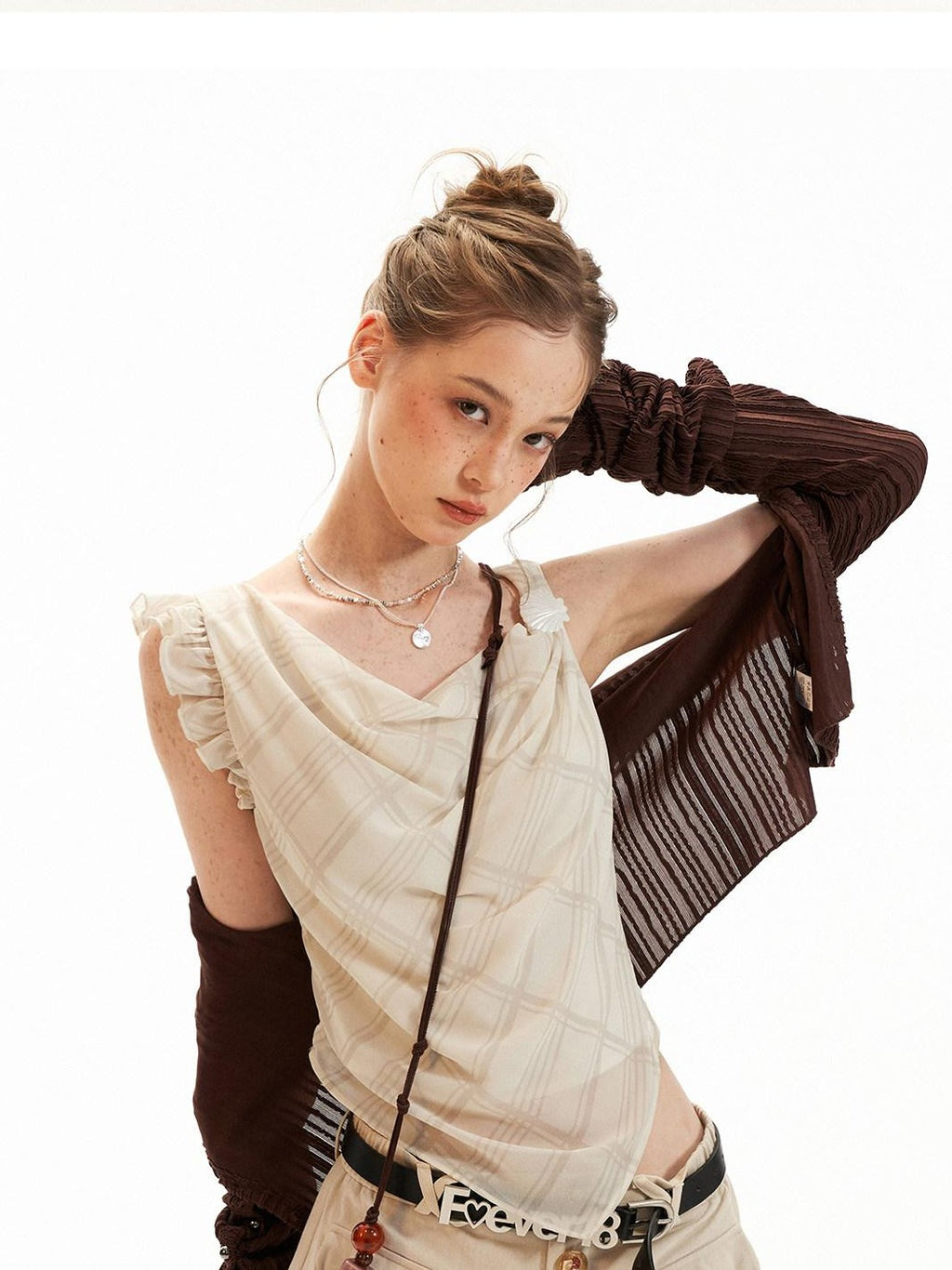 mamc French Irregular Neck Double Layer Gauze Loose Shell Women's Polyester Tank Tops