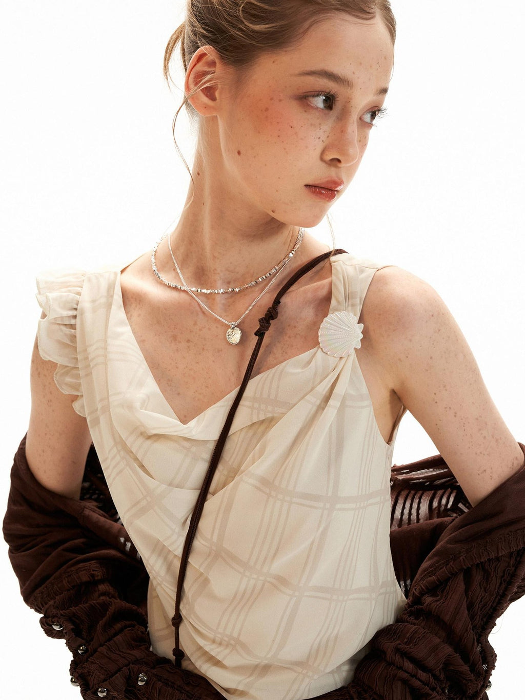 mamc French Irregular Neck Double Layer Gauze Loose Shell Women's Polyester Tank Tops