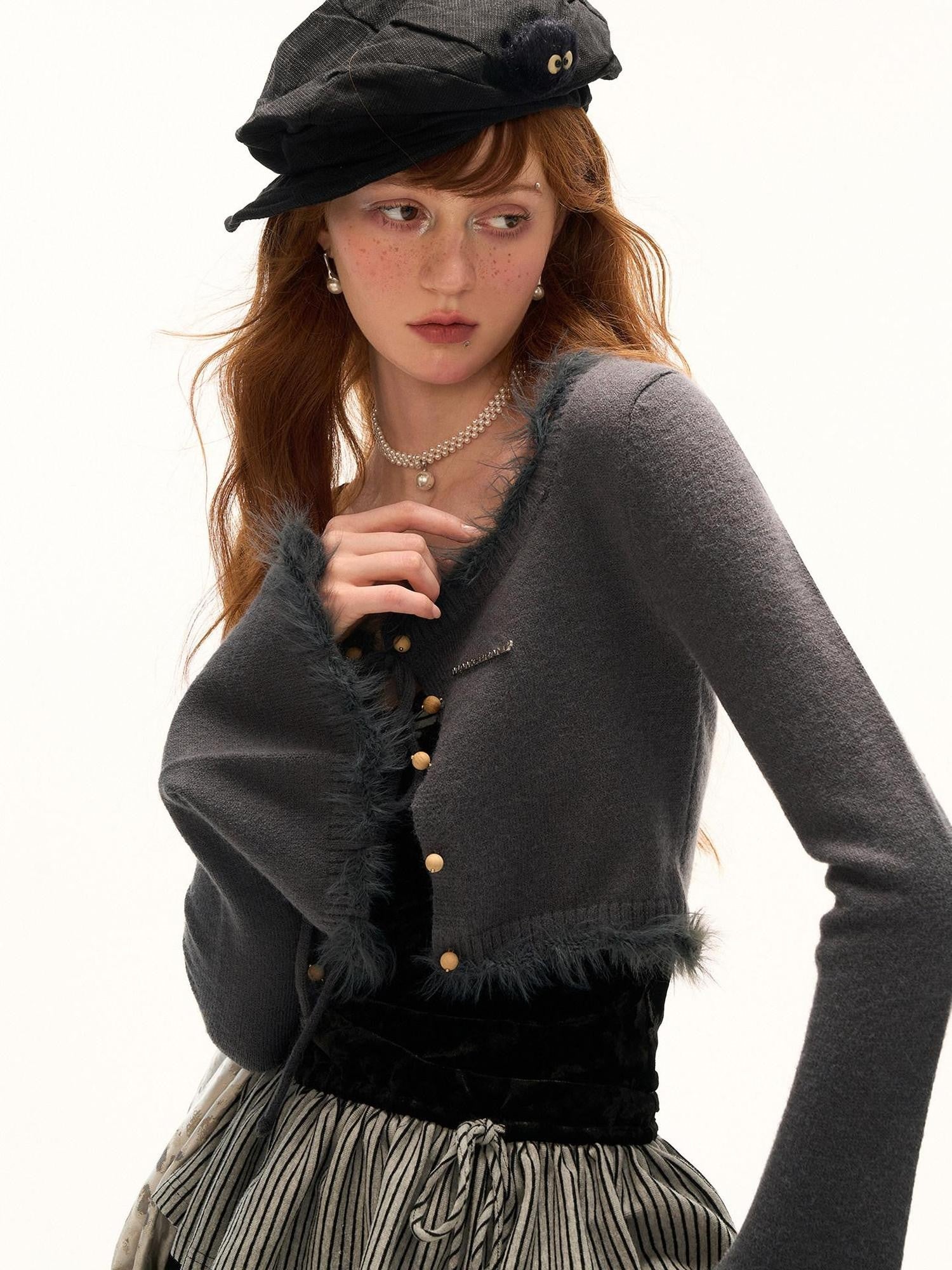 mamc Gray Faux Fur Trim Square Neck Tie Front Women's Acrylic Blend Cropped Cardigans