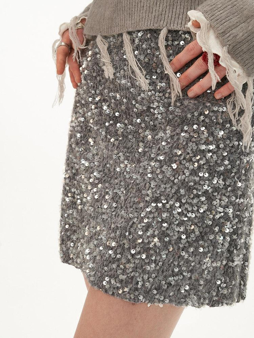 mamc Gray Sequin Mid Waist Women's Polyester Blend Fabric Mini Skirts