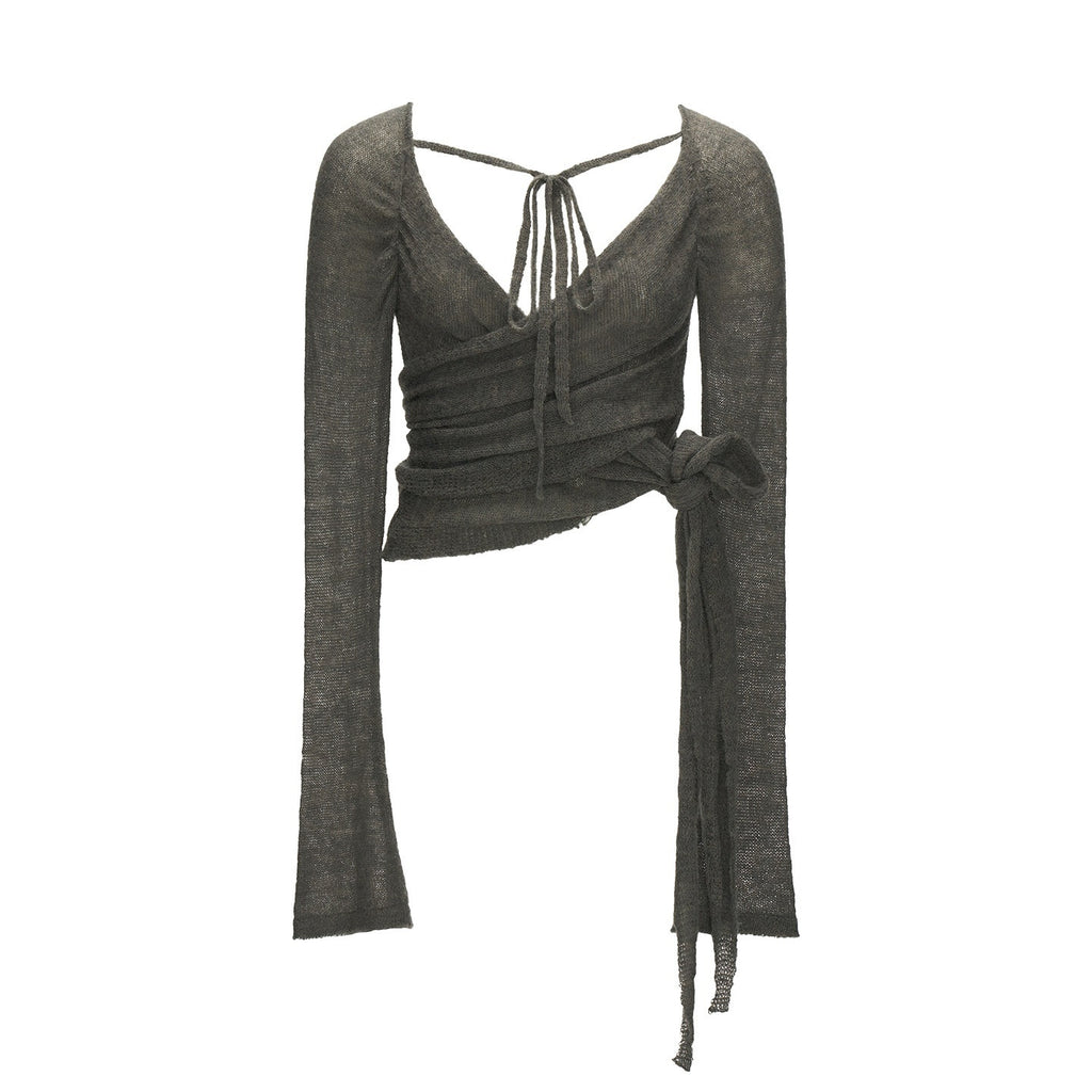 mamc_Grey_Crisscross_Tie_Slim_Fitted_Women's_Knitted_Long_Sleeve_T-shirts_972964675653_MISSTT