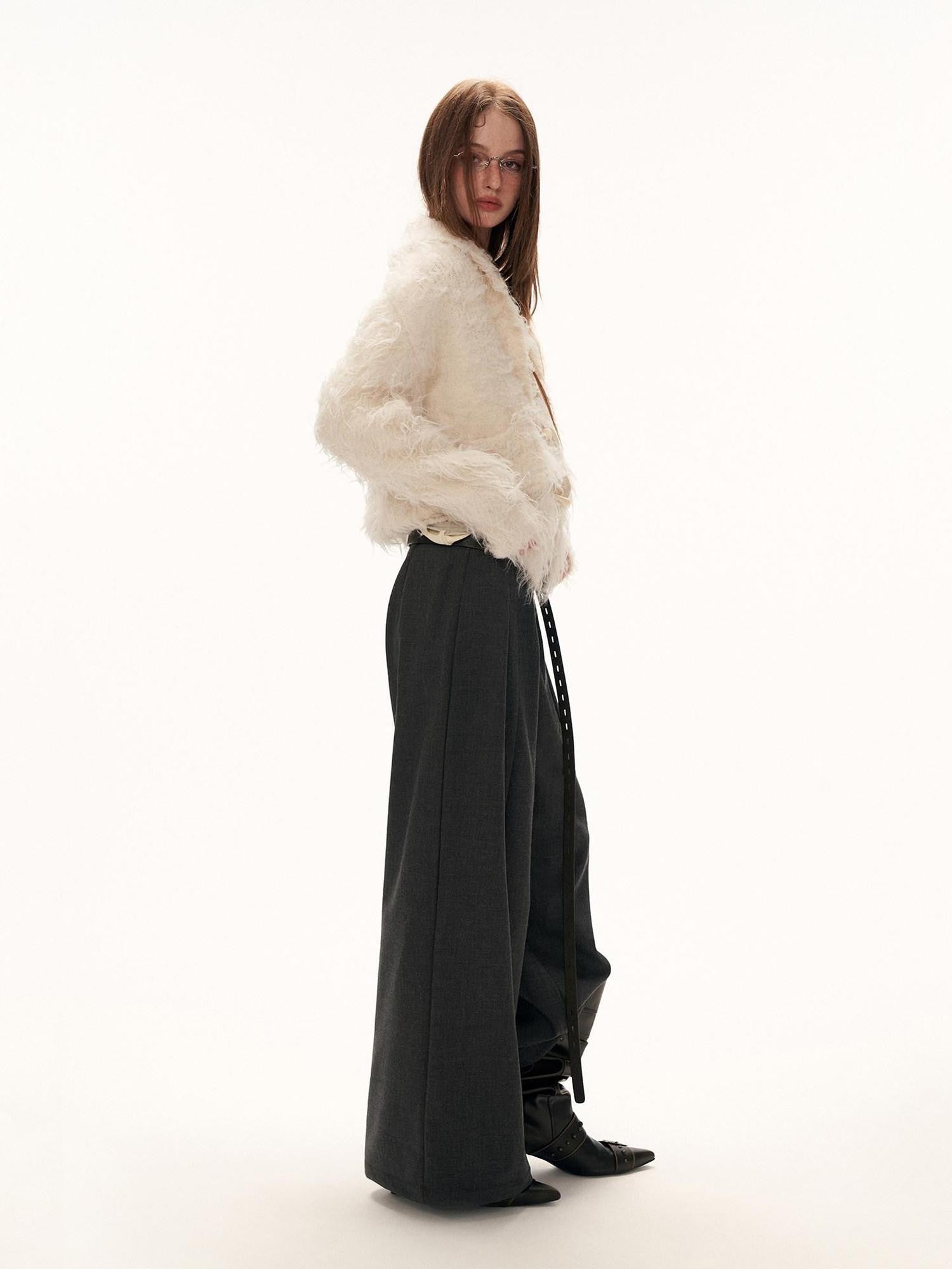 mamc Grey Fuzzy Relaxed Straight Women's Polyester Wide-leg Pants