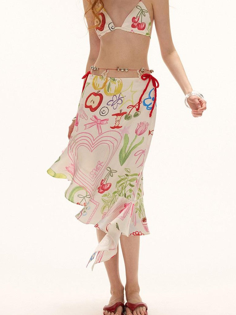 mamc Hand Painted Graffiti Print Asymmetric Women's Polyester Midi Skirts